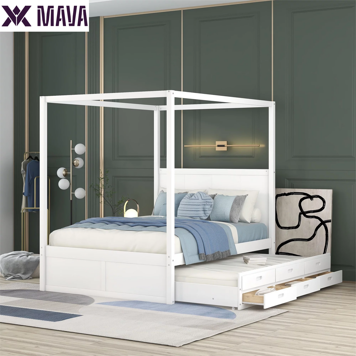 MAVA Queen Size Canopy Platform Bed with Trundle Bed and Drawers, Solid Wood Canopy Bed Frame with 3 Storage Drawers, Gray