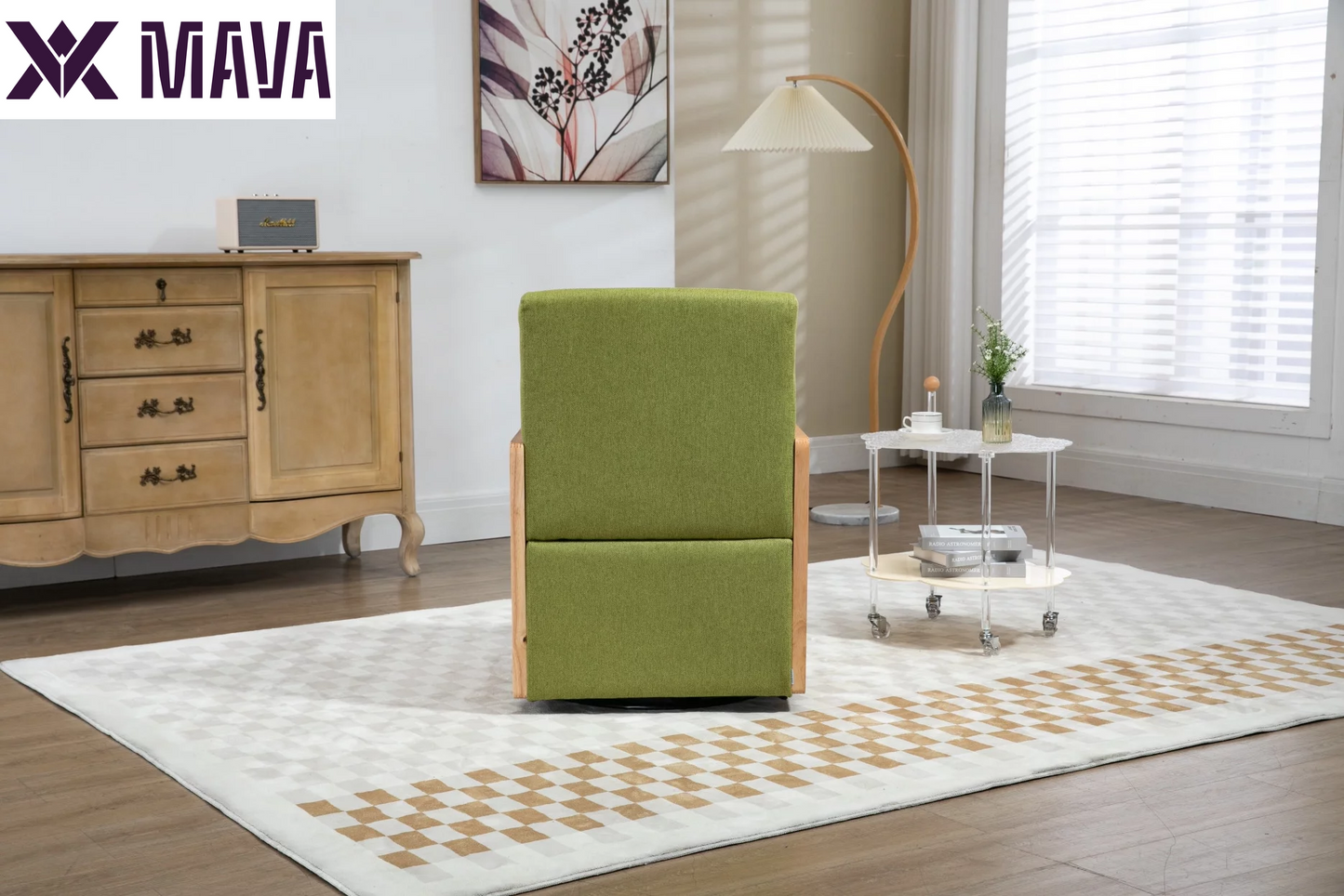 MAVA Swivel Barrel Chair, Modern Linen Accent Chair with Rattan Armrest, Upholstered Comfy Swivel Accent Chair