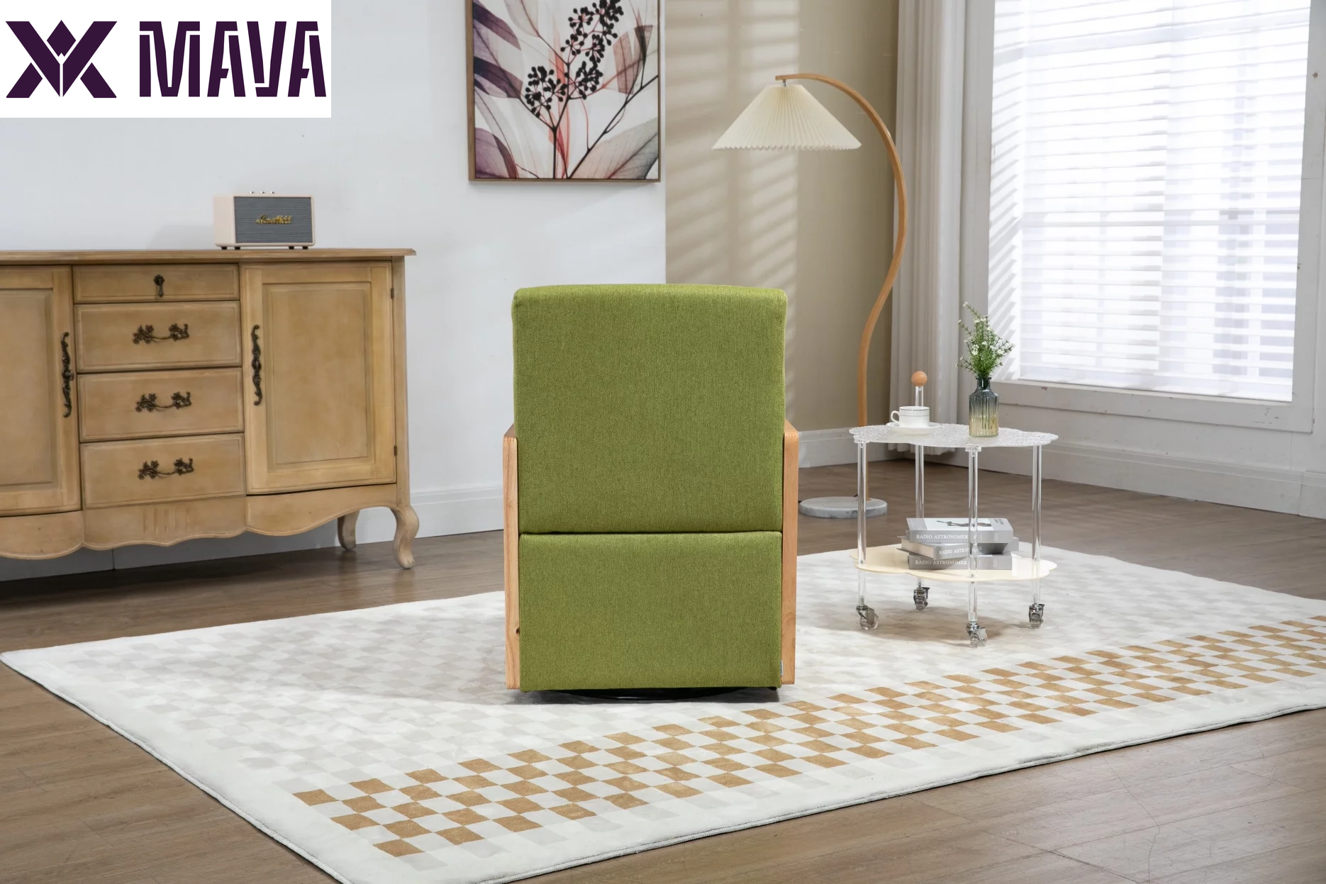 MAVA Swivel Barrel Chair, Modern Linen Accent Chair with Rattan Armrest, Upholstered Comfy Swivel Accent Chair