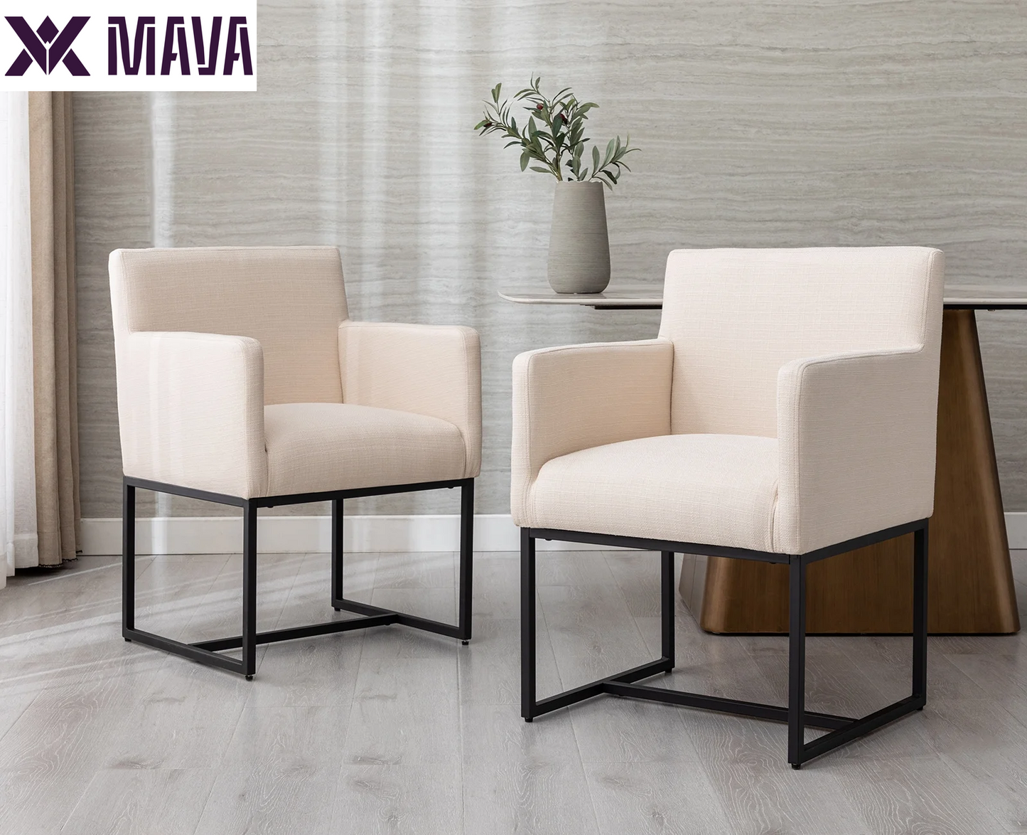 MAVA Modern Linen Upholstered Dining Chairs Set of 2, Kitchen Chairs with Arm and Gold Finish Metal Frame, Accent Armchair with Back for Living Room Dining Room Bedroom Reception Room, Cream