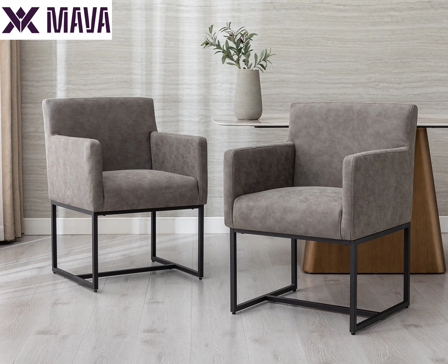 MAVA Modern Linen Upholstered Dining Chairs Set of 2, Kitchen Chairs with Arm and Gold Finish Metal Frame, Accent Armchair with Back for Living Room Dining Room Bedroom Reception Room, Cream