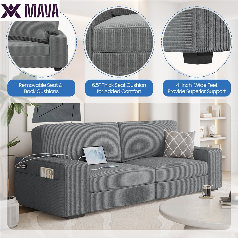 MAVA 2-Seater Sofa Couch with USB Charging Ports, Dark Gray