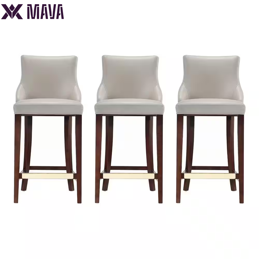 MAVA 29.13 In. Light Grey Beech Wood Bar Stool with Leatherette Upholstered Seat (Set of 3)