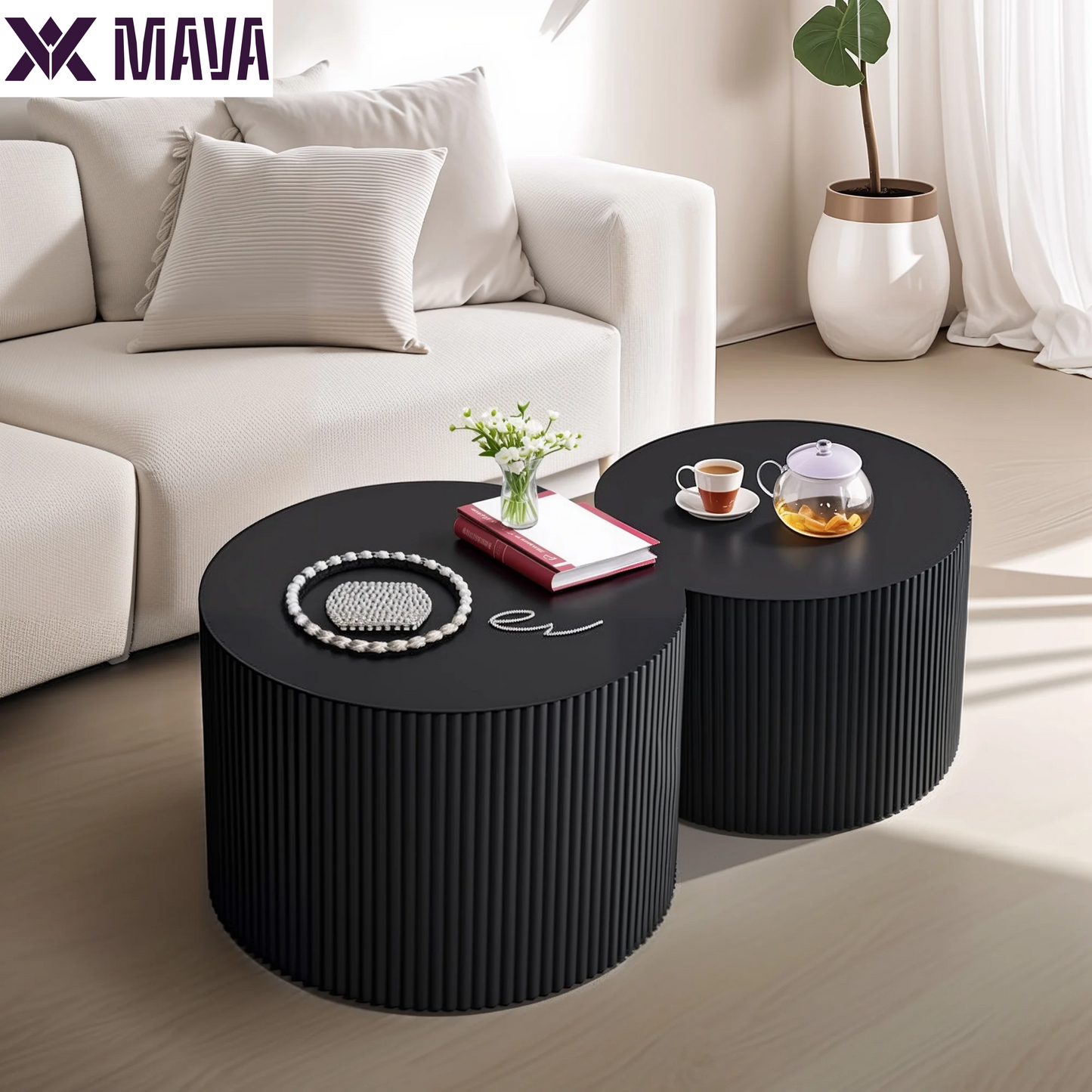 MAVA Coffee Table Set of 2, Modern Drum Side Table End Table, Wave Stripe round Coffee Table for Living Room, Bedroom, Black