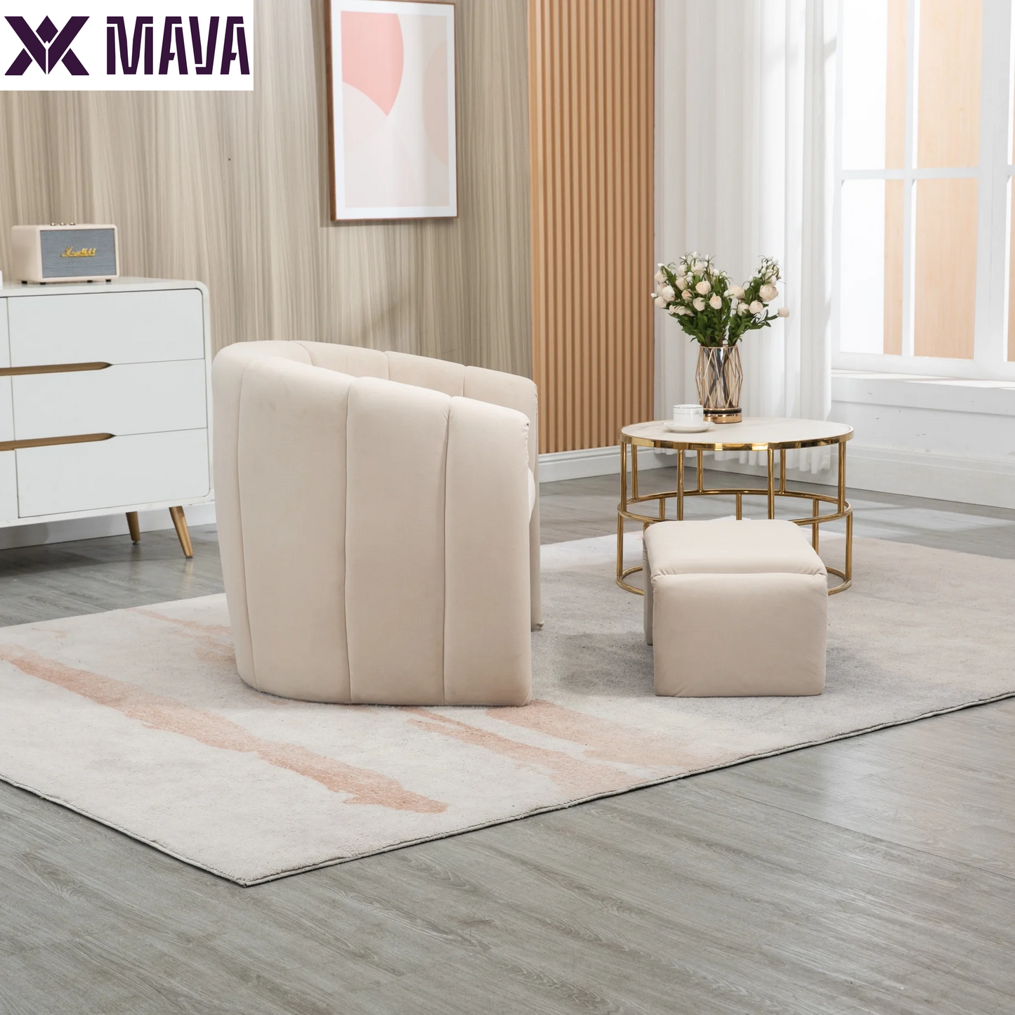 MAVA Modern Velvet Accent Chair with Ottoman, Upholstered Armchair with Wooden Frame