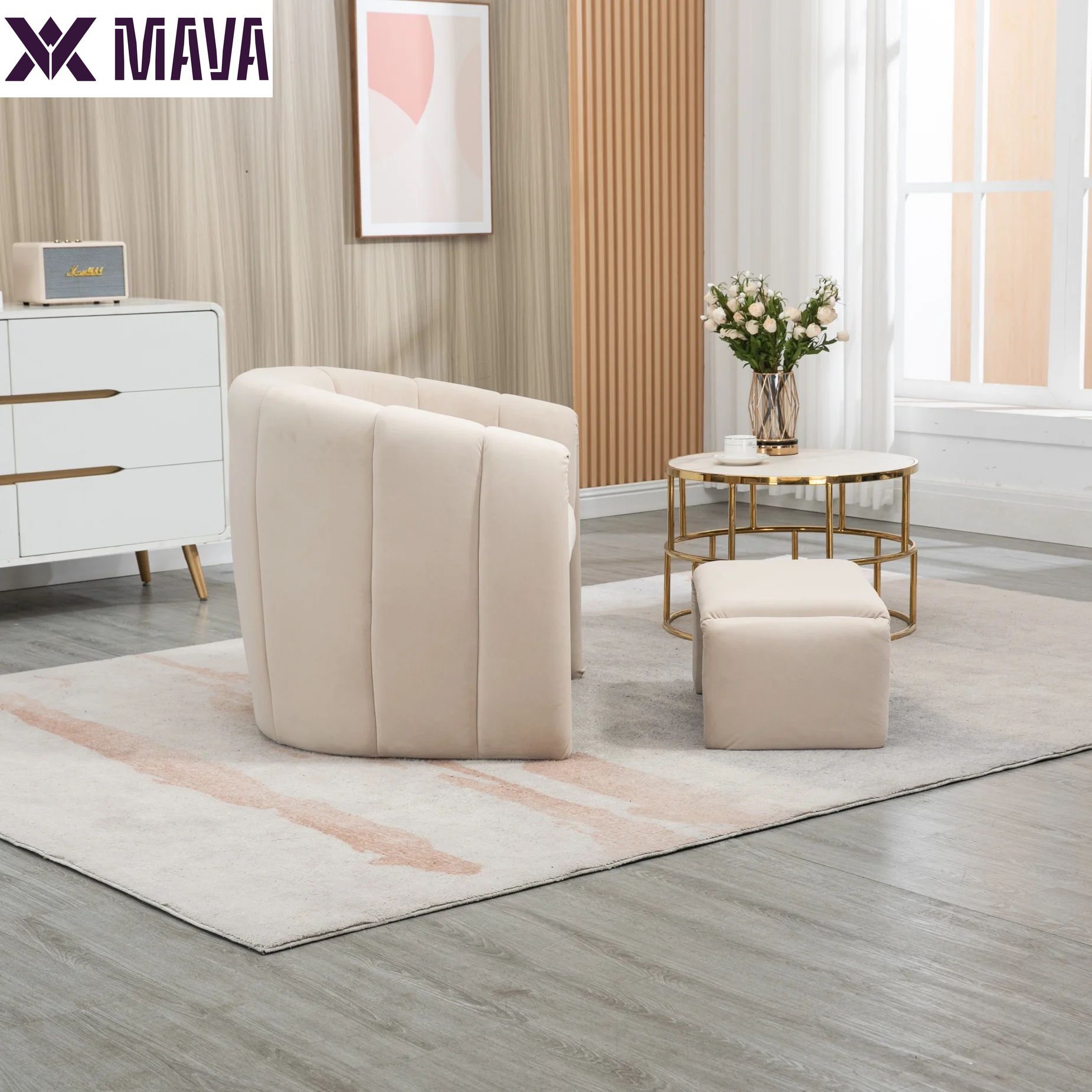 MAVA Modern Velvet Accent Chair with Ottoman, Upholstered Armchair with Wooden Frame