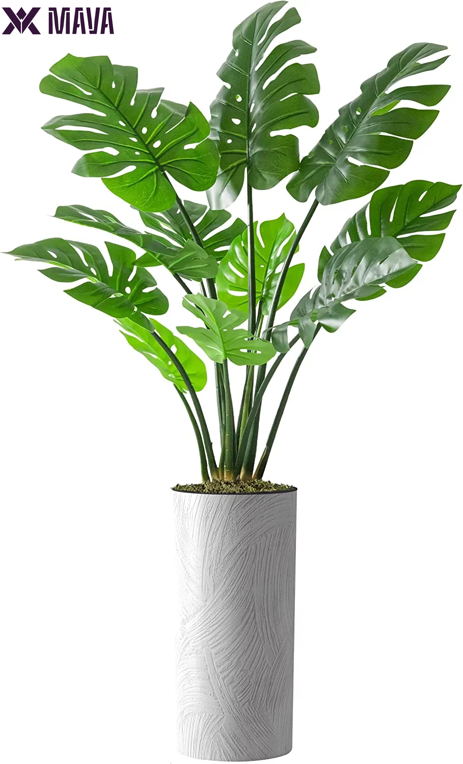 MAVA Artificial Tree in White Marble Effect Planter, Fake Monstera Silk Tree for Indoor and Outdoor Home Decoration - 65" Overall Tall (Plant Pot plus Tree)