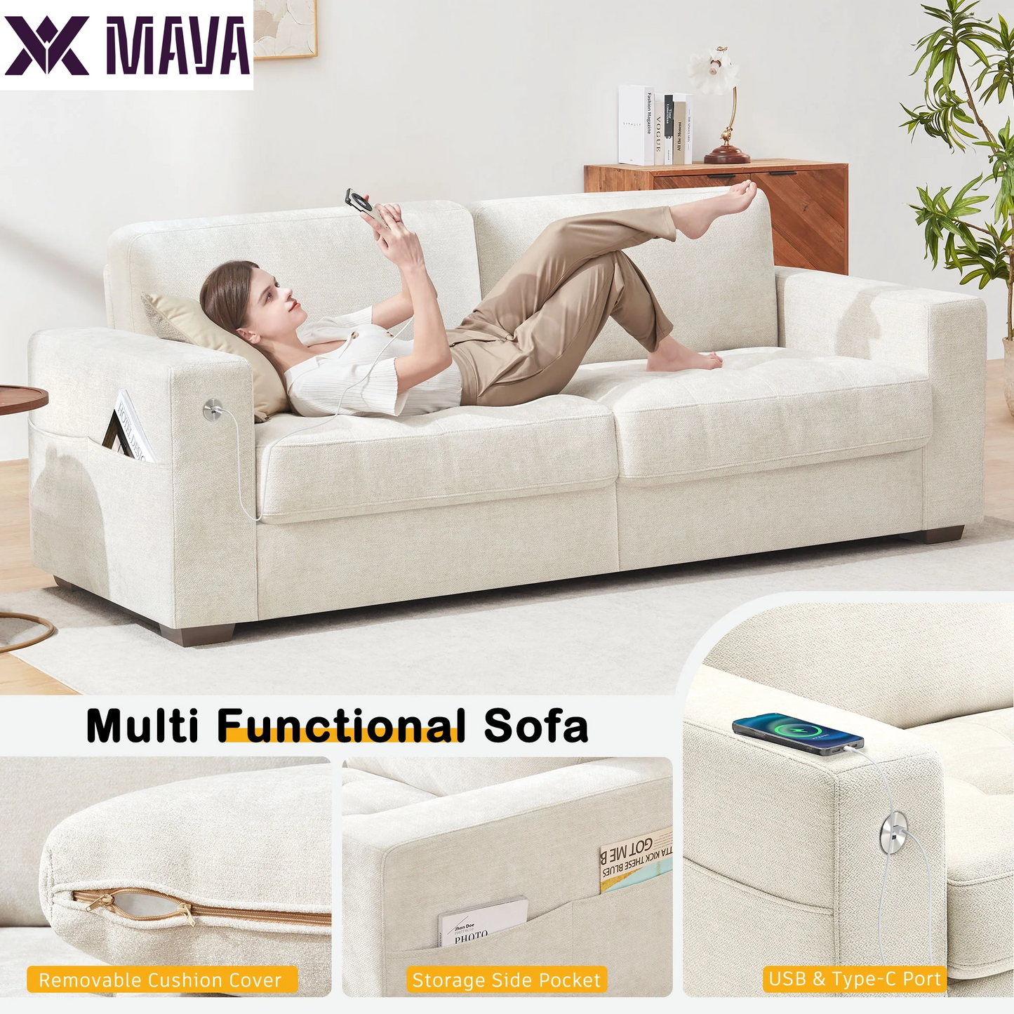 MAVA 89'' Comfy Sofa Couch for Living Room, Modern Deep Seat Couch with Wide Armrest, Removable Cover, Chenille Fabric Couches for Small Space, Apartment, 3 Seater(Beige)