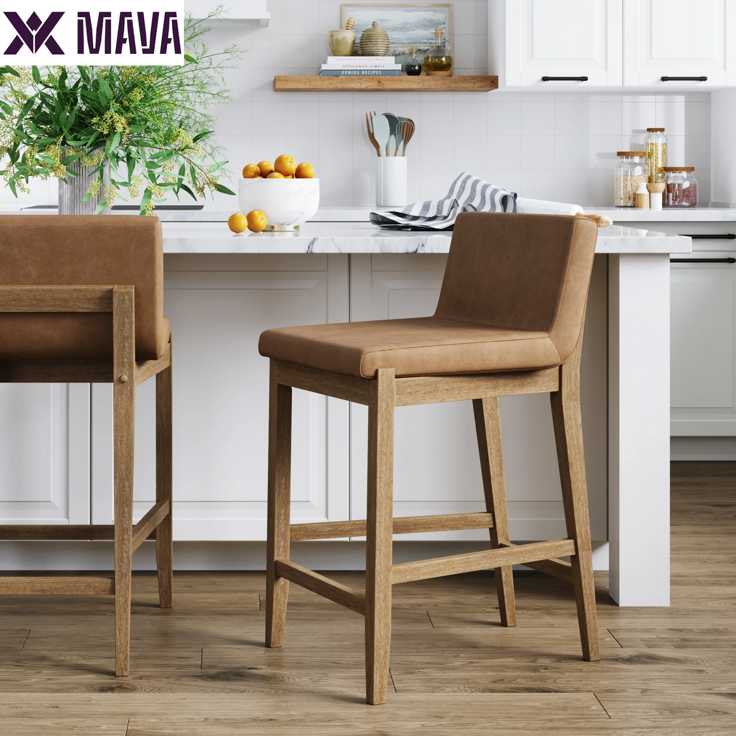 MAVA Modern Counter Height Bar Stool with Back, Counter Stool Upholstered Chair with Natural Flax White Fabric and Brushed Wooden Legs