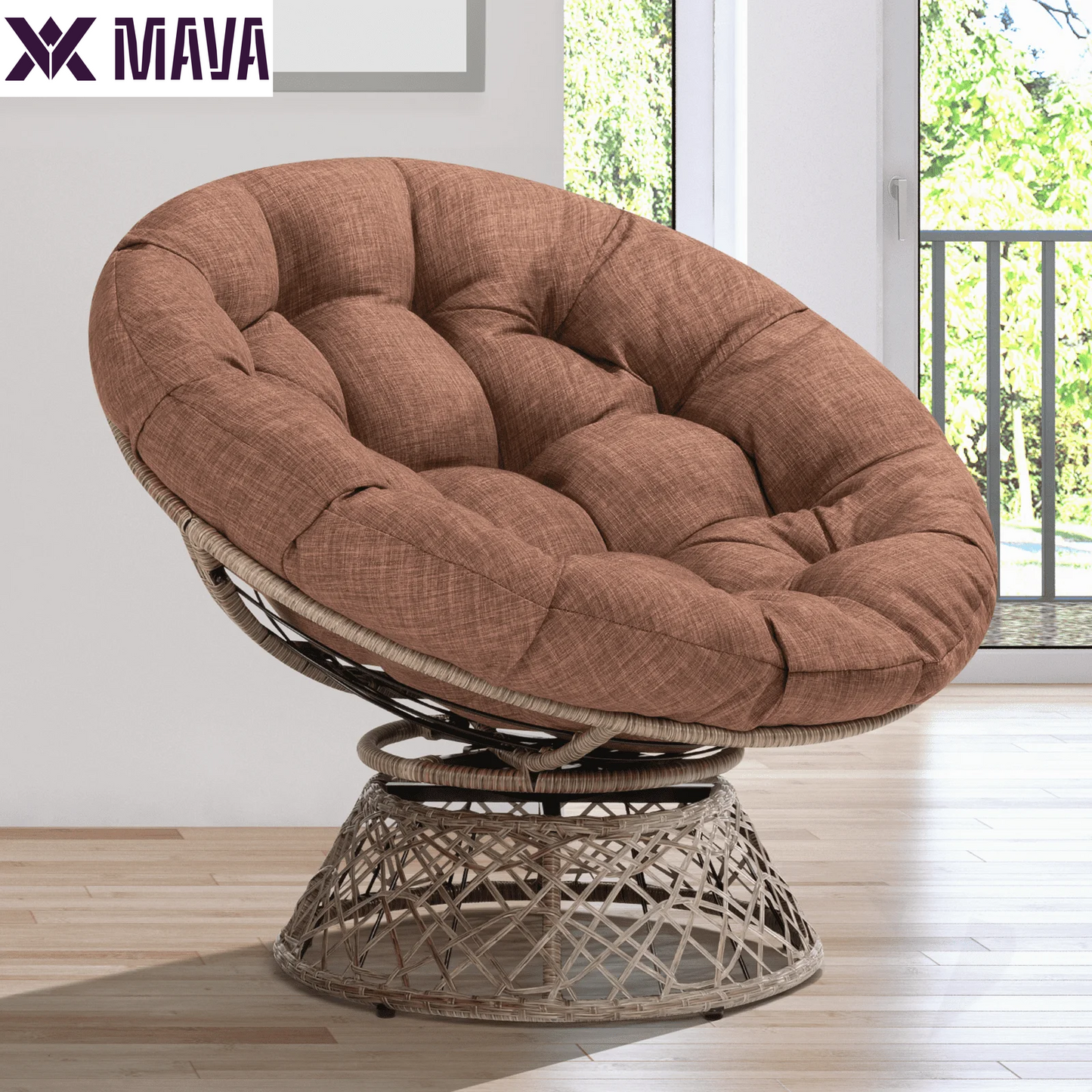 MAVA 360 Swivel Comfy Papasan Chair with Fabric Cushion, Pure Pearl - White Frame