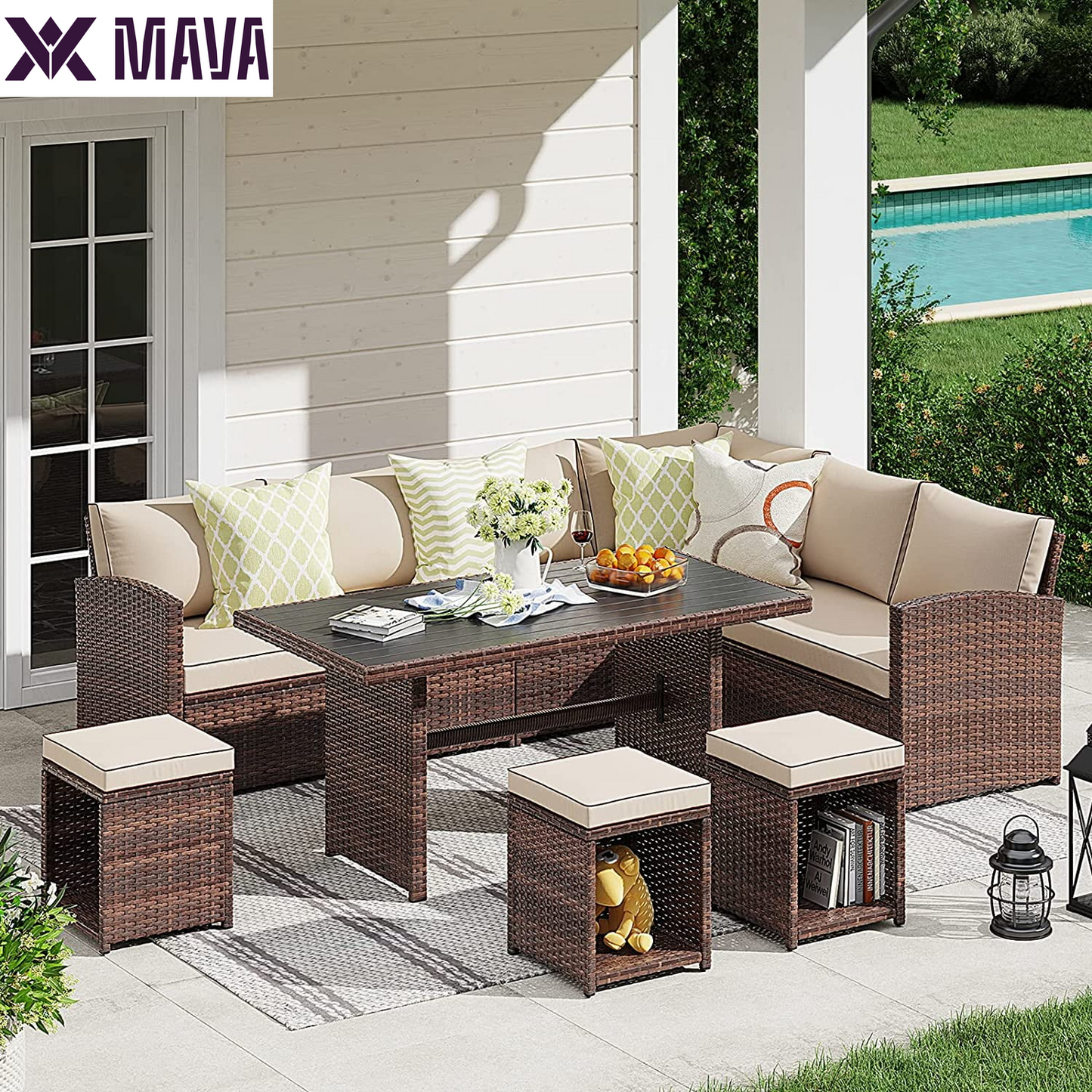 MAVA 7 Pieces PE Rattan Wicker Dining 9 Sofa Set, Outdoor Patio Furniture, Gray