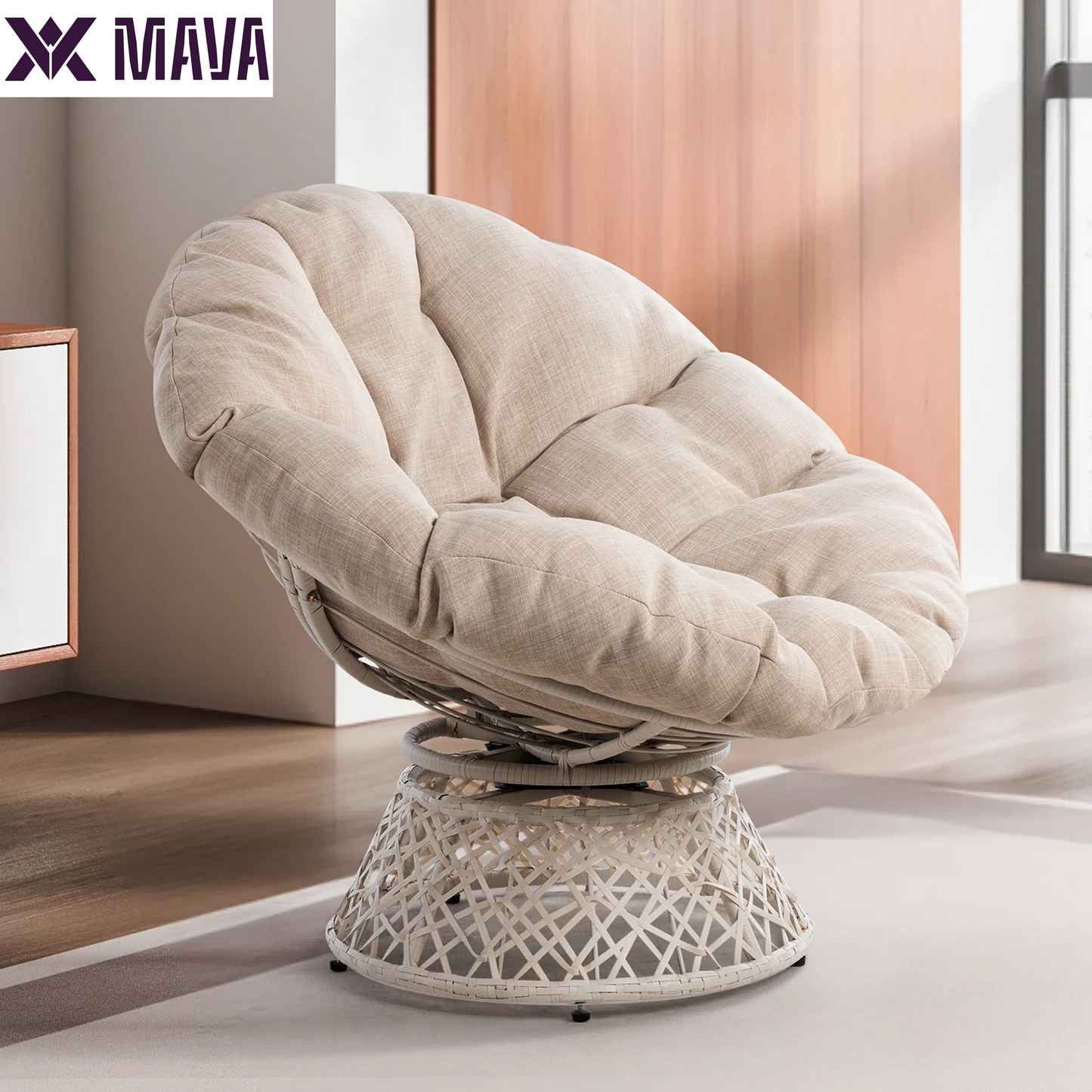 MAVA 360 Swivel Comfy Papasan Chair with Fabric Cushion, Pure Pearl - White Frame