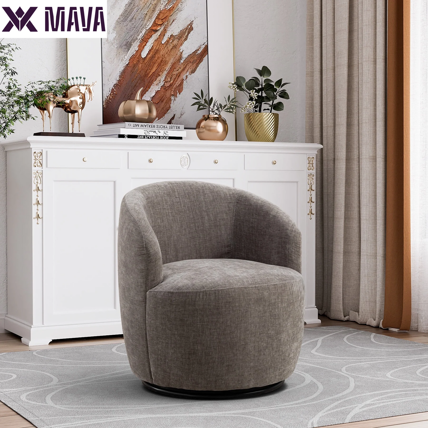 MAVA Swivel Barrel Chair Set of 2, Upholstered Boucle Swivel Accent Chair, Comfy Sherpa Swivel Lounge Chair, Modern 360 Swivel Arm Chair Reading Chair for Living Room Bedroom Club, Ivory Chenille