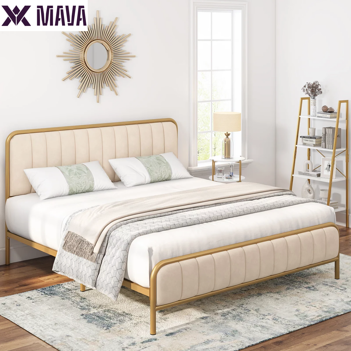 MAVA King Size Bed Frame, round Metal Tube Heavy Duty Bed Frame with Tufted Upholstered Headboard, Gold and Beige