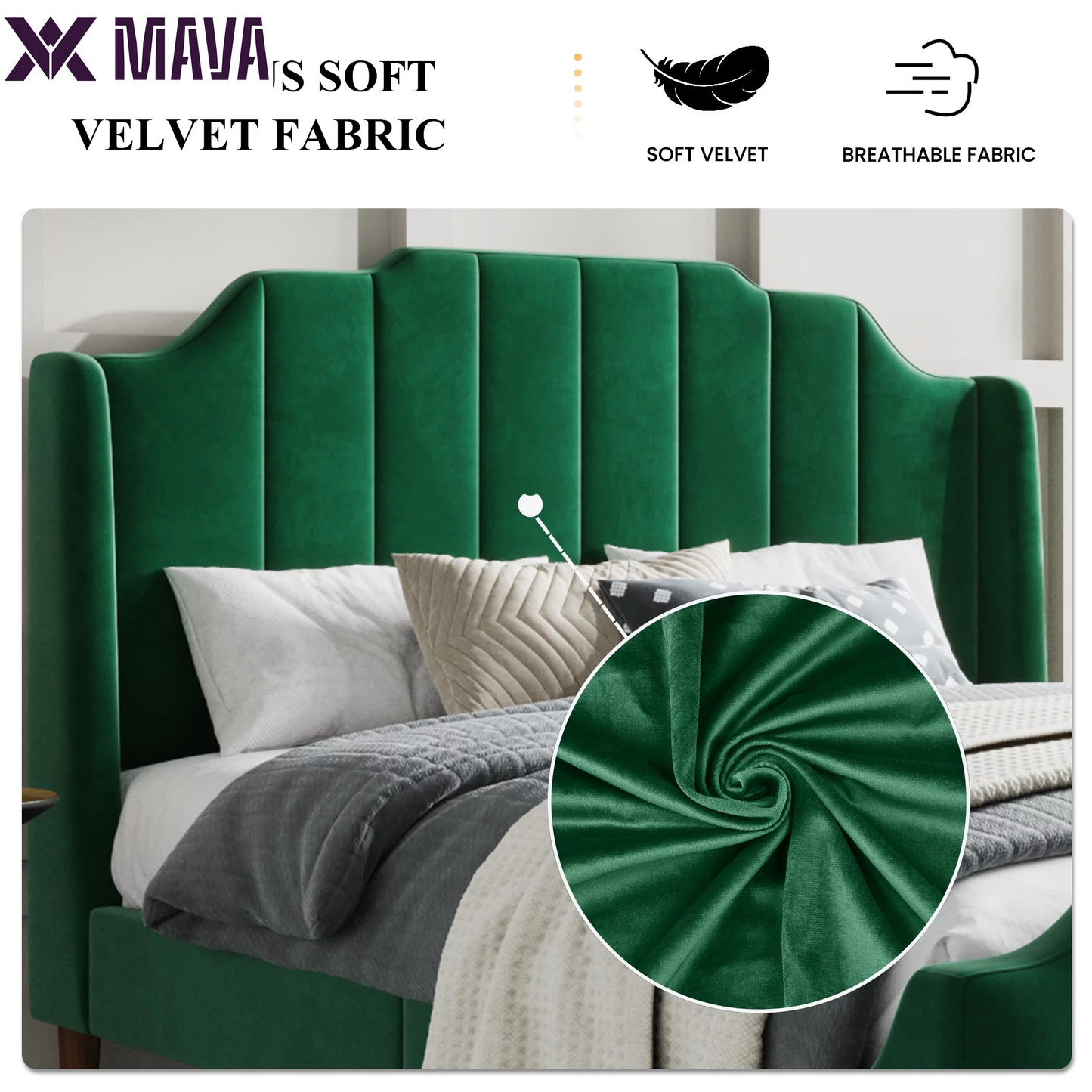 MAVA Queen Size Velvet Platform Bed with Modern Curved Upholstered Headboard and Footboard, Green