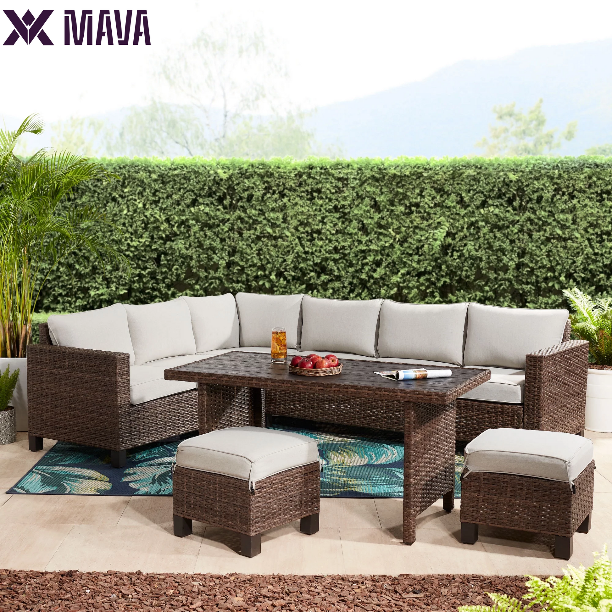 MAVA 5 Piece Wicker Outdoor Sectional Dining Set - Light Gray/ Beige