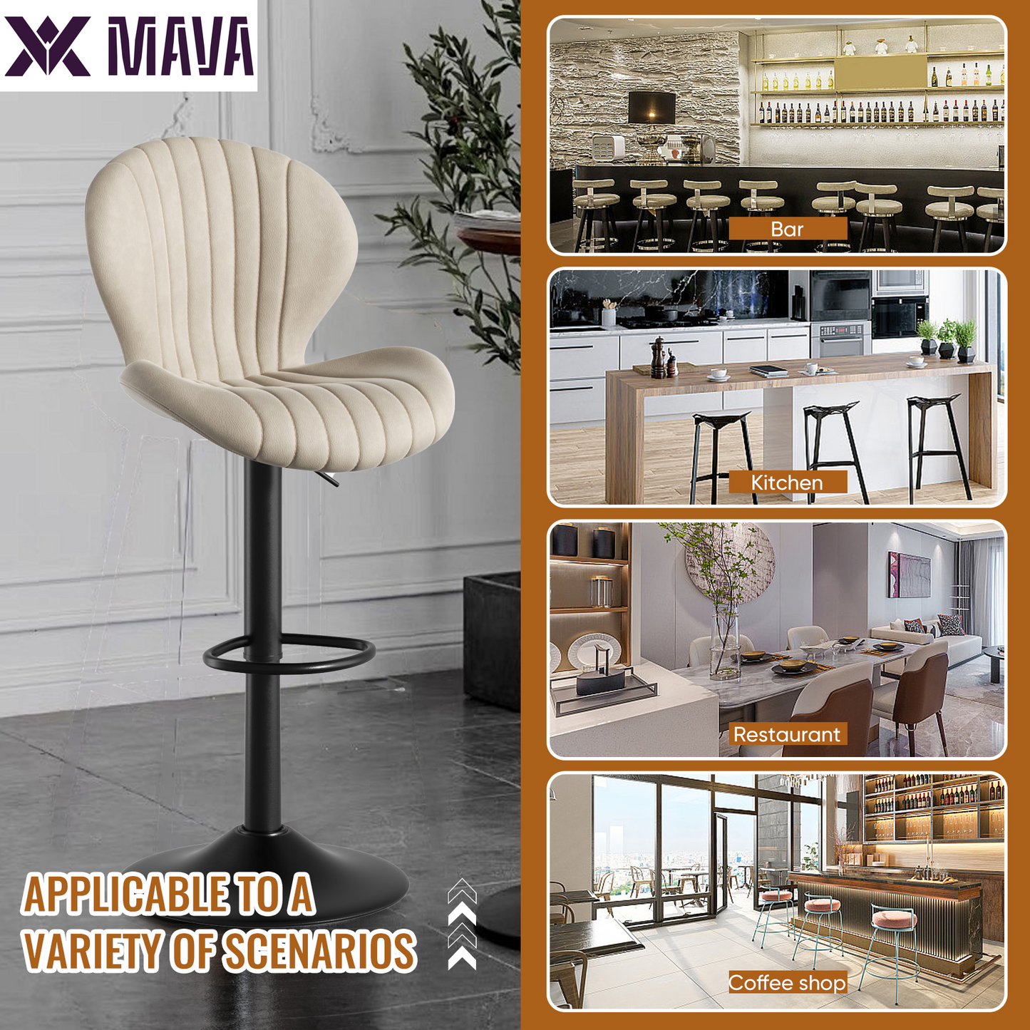 MAVA Bar Stools Set of 2, Modern Swivel Bar Chairs with Mid Back and Adjustable Seat Height