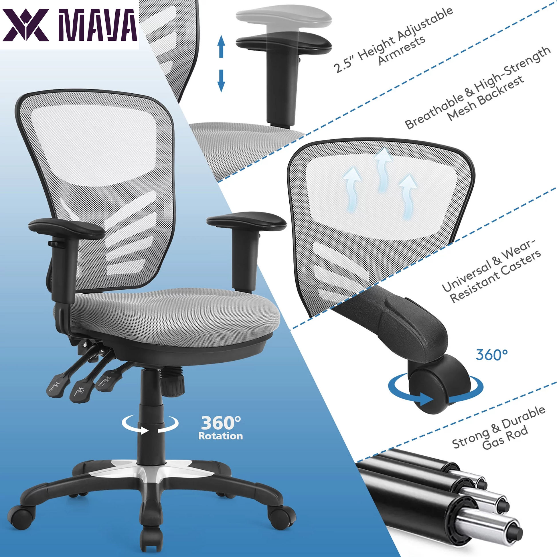 MAVA Mesh Office Chair 3-Paddle Computer Desk Chair W/ Adjustable Seat Grey