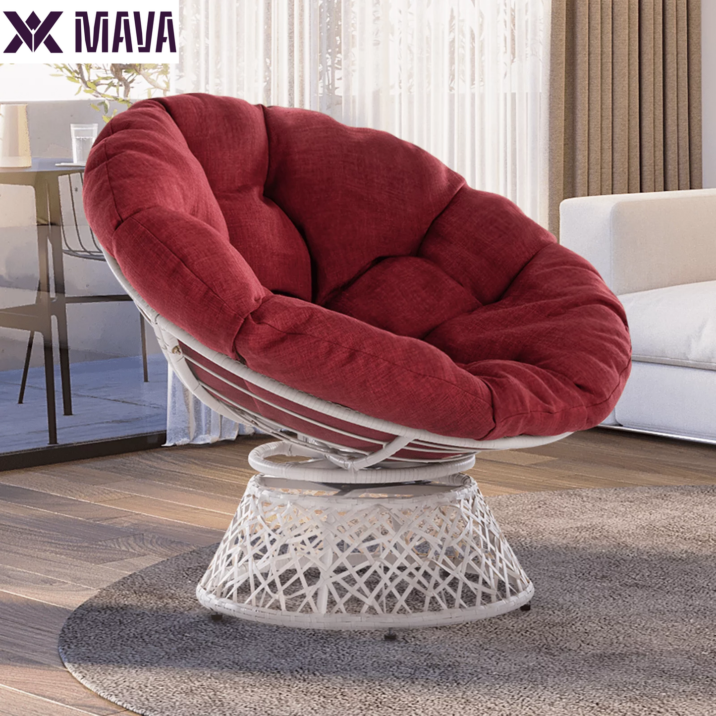 MAVA 360 Swivel Comfy Papasan Chair with Fabric Cushion, Pure Pearl - White Frame