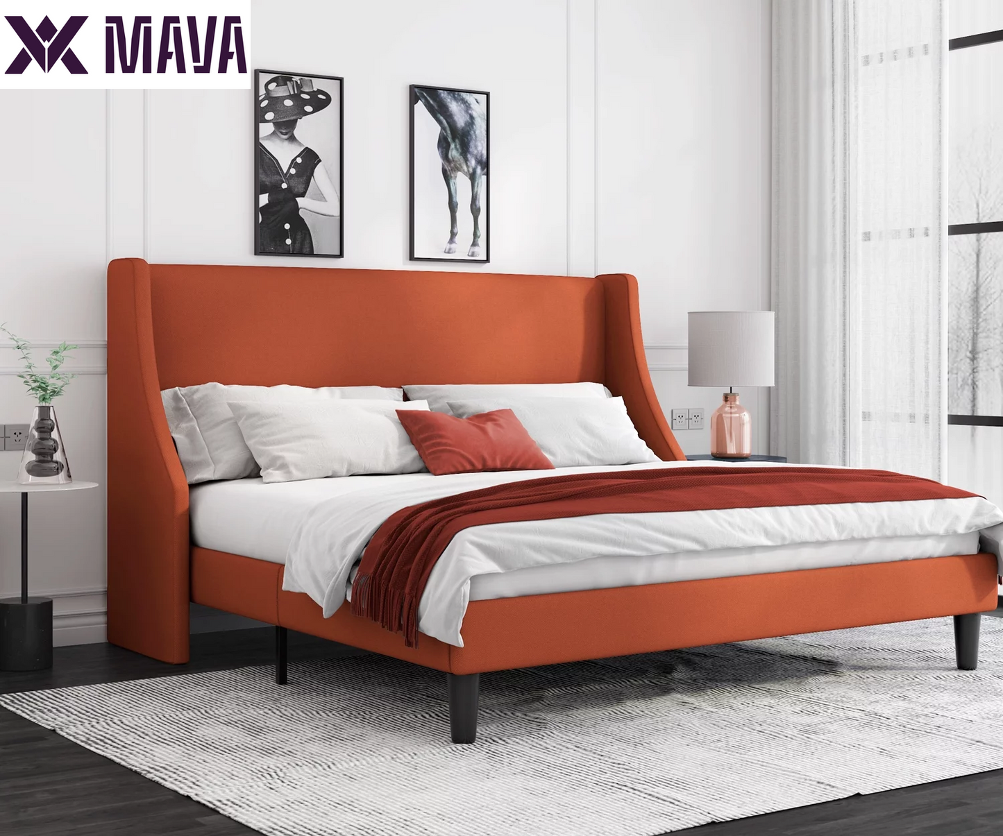 MAVA Queen Size Fabric Upholstered Platform Bed Frame with Wingback Headboard, Light Grey