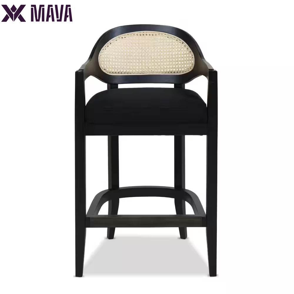 MAVA Americana 26 In. Mid-Century Modern Ivory White Cane Rattan Back Wood Frame Kitchen Counter Height Bar Stool