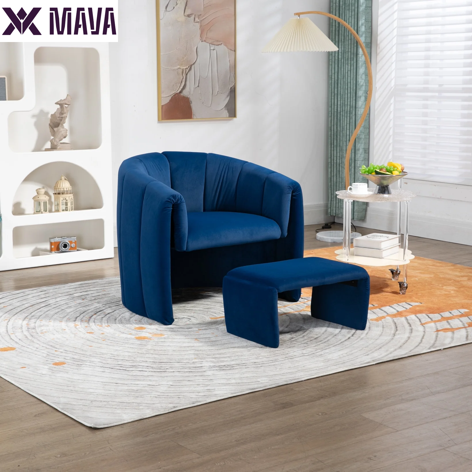 MAVA Modern Velvet Accent Chair with Ottoman, Upholstered Armchair with Wooden Frame