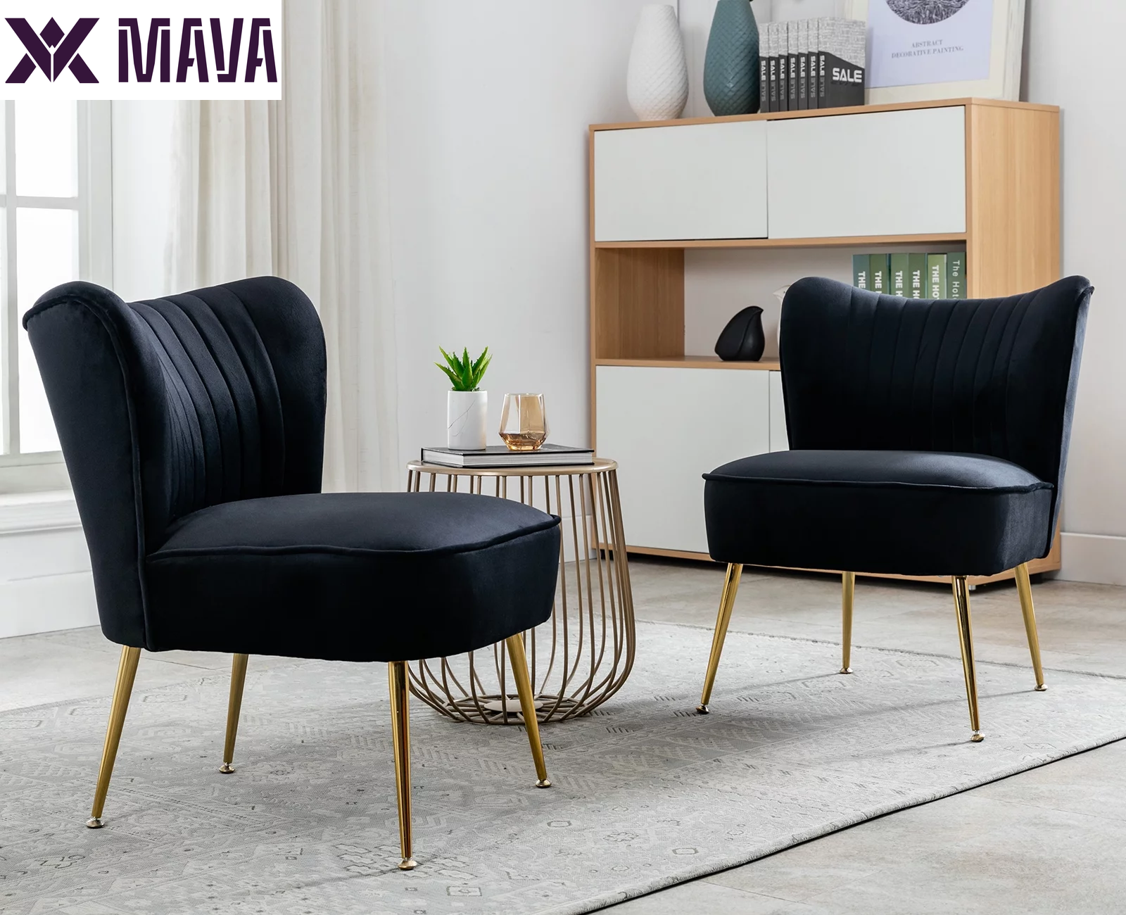 MAVA Modern Accent Chair Set of 2, Armless Slipper Chair Velvet Upholstered Lounge Chair, Wingback Large Single Sofa Side Chair with Gold Legs for Living Room Bedroom, Black