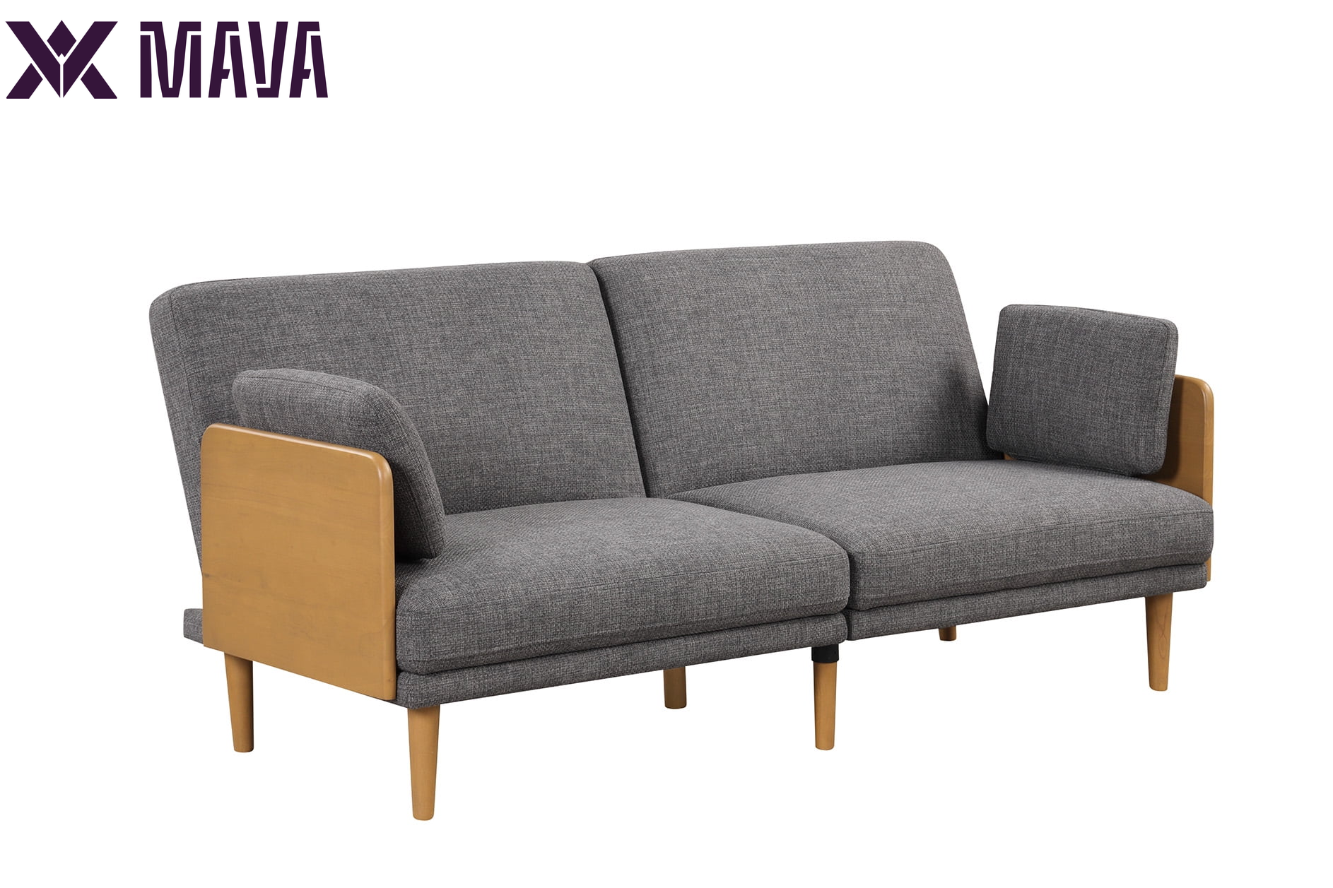 MAVA 73" Reading Futon, Natural Rubber Wood Legs & Arms, Grey Linen Fabric