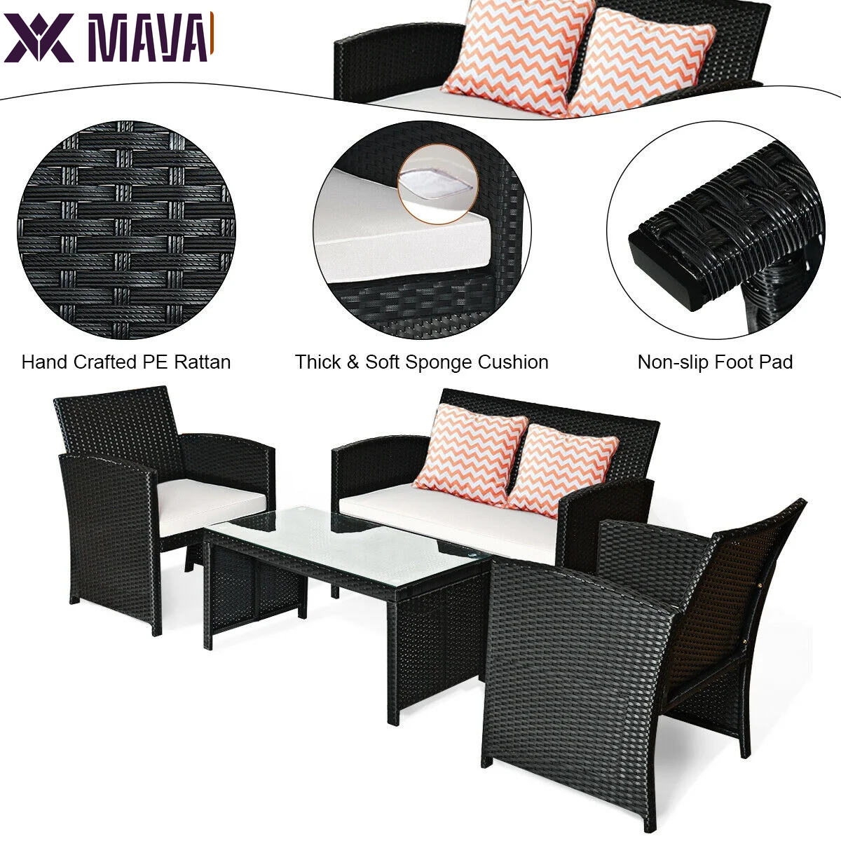 MAVA 4PCS Patio Rattan Furniture Conversation Set Cushioned Sofa Table Garden Black