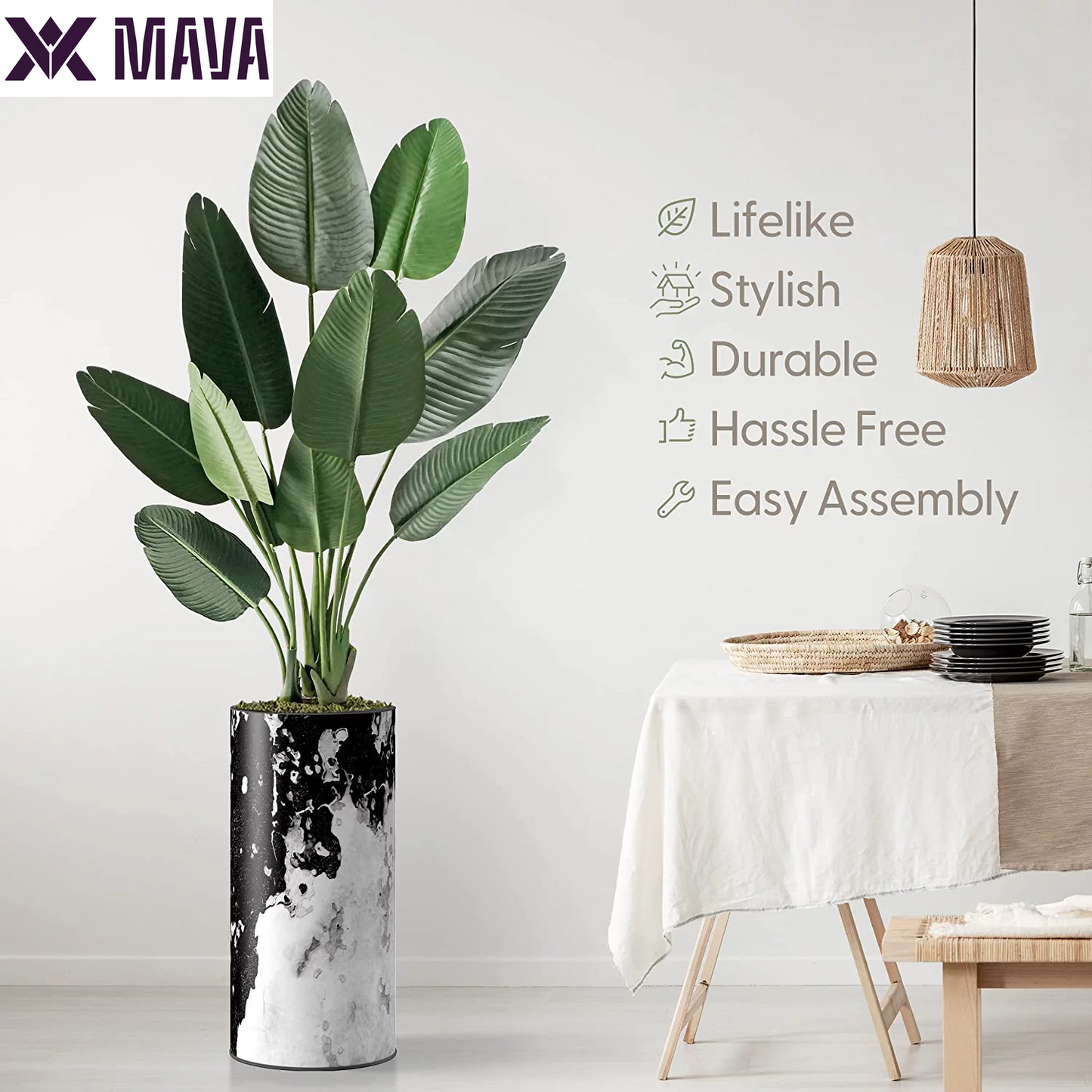 MAVA Artificial Tree in Contemporary Granite Effect Planter, Fake Bird of Paradise Silk Tree for Indoor and Outdoor Home Decoration - 67" Overall Tall (Plant Pot plus Tree)