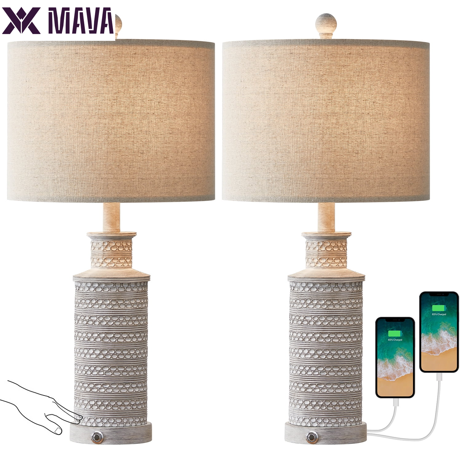 MAVA Dimmable Table Lamp Set of 2 with USB Ports for Bedroom Living Room 24.5"