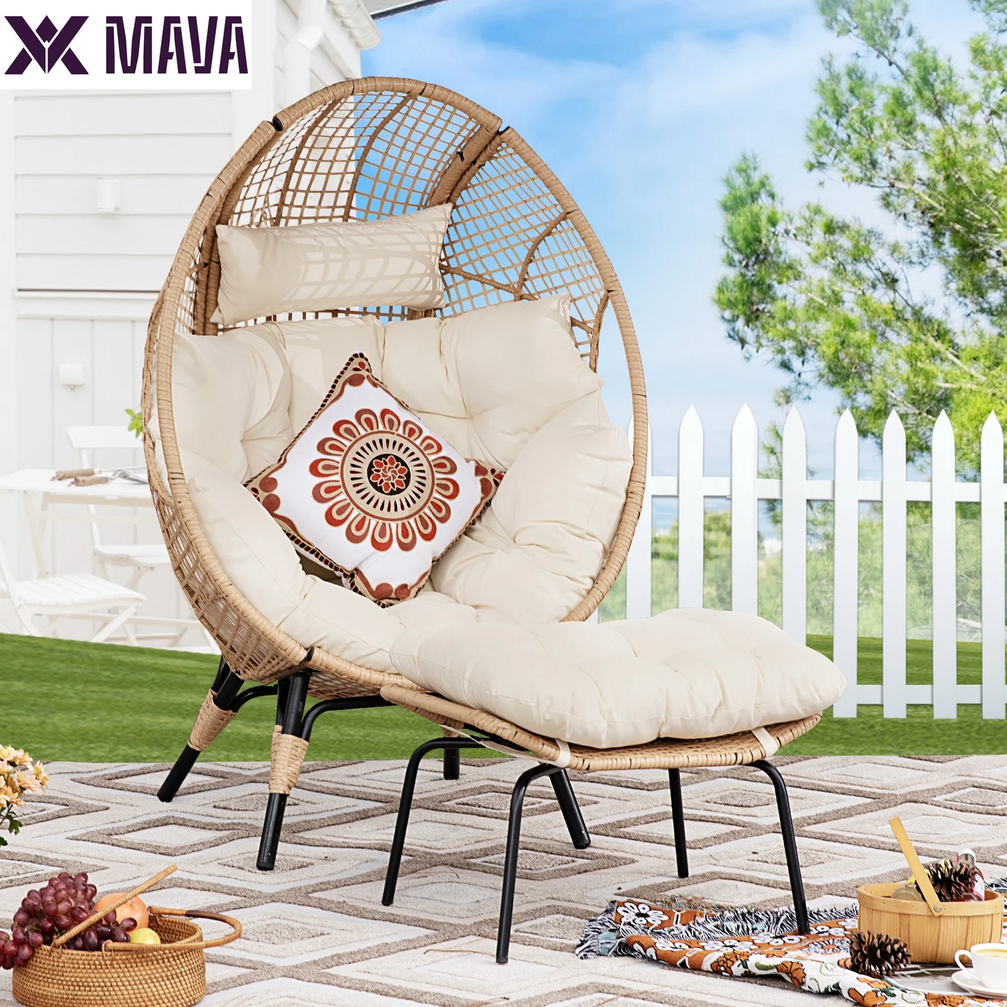 MAVA Outdoor Patio Lounge Chair Boho Stationary Wicker Yellow Egg Chair for Indoor Living Room 440Lb