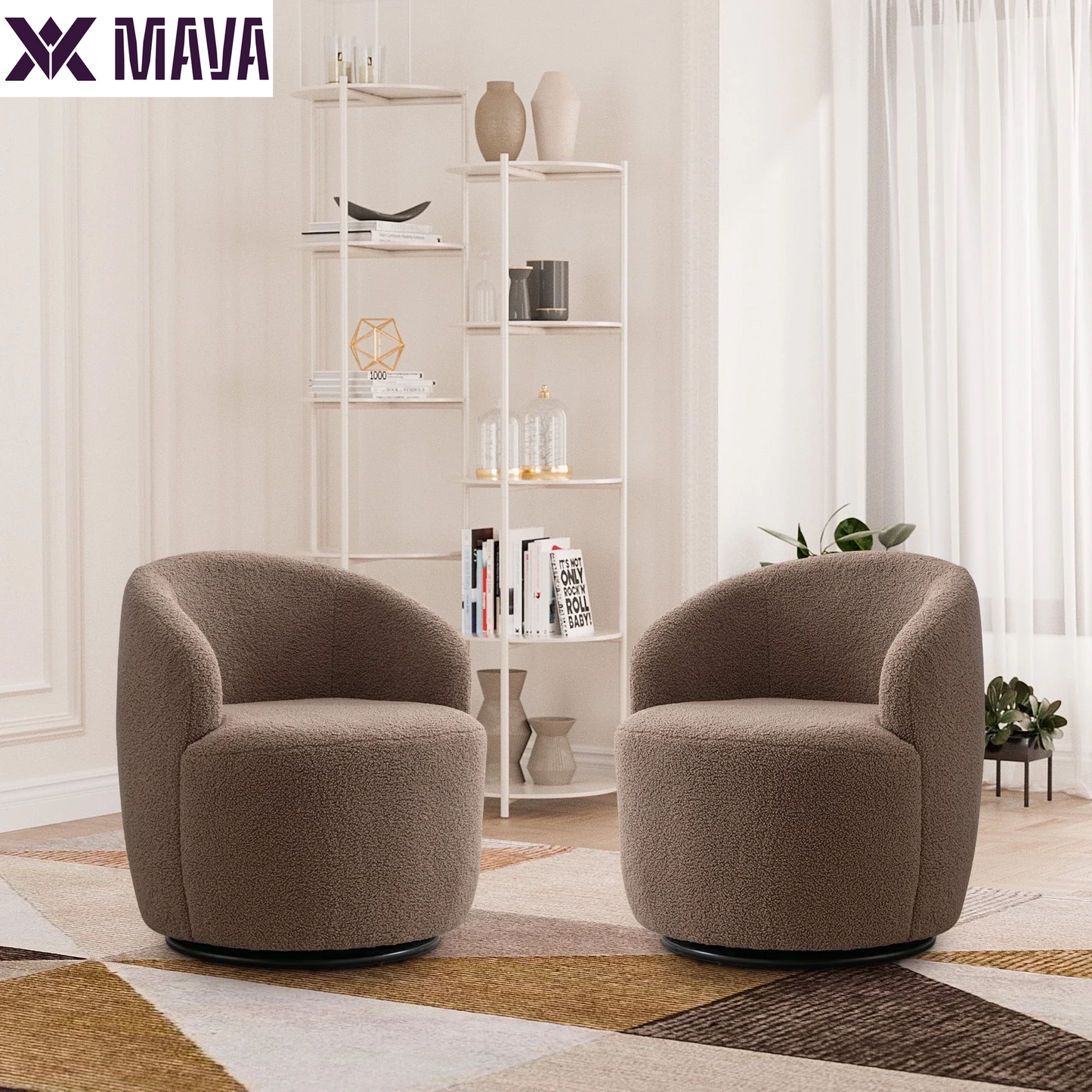 MAVA Swivel Barrel Chair Set of 2, Upholstered Boucle Swivel Accent Chair, Comfy Sherpa Swivel Lounge Chair, Modern 360 Swivel Arm Chair Reading Chair for Living Room Bedroom Club, Ivory Chenille