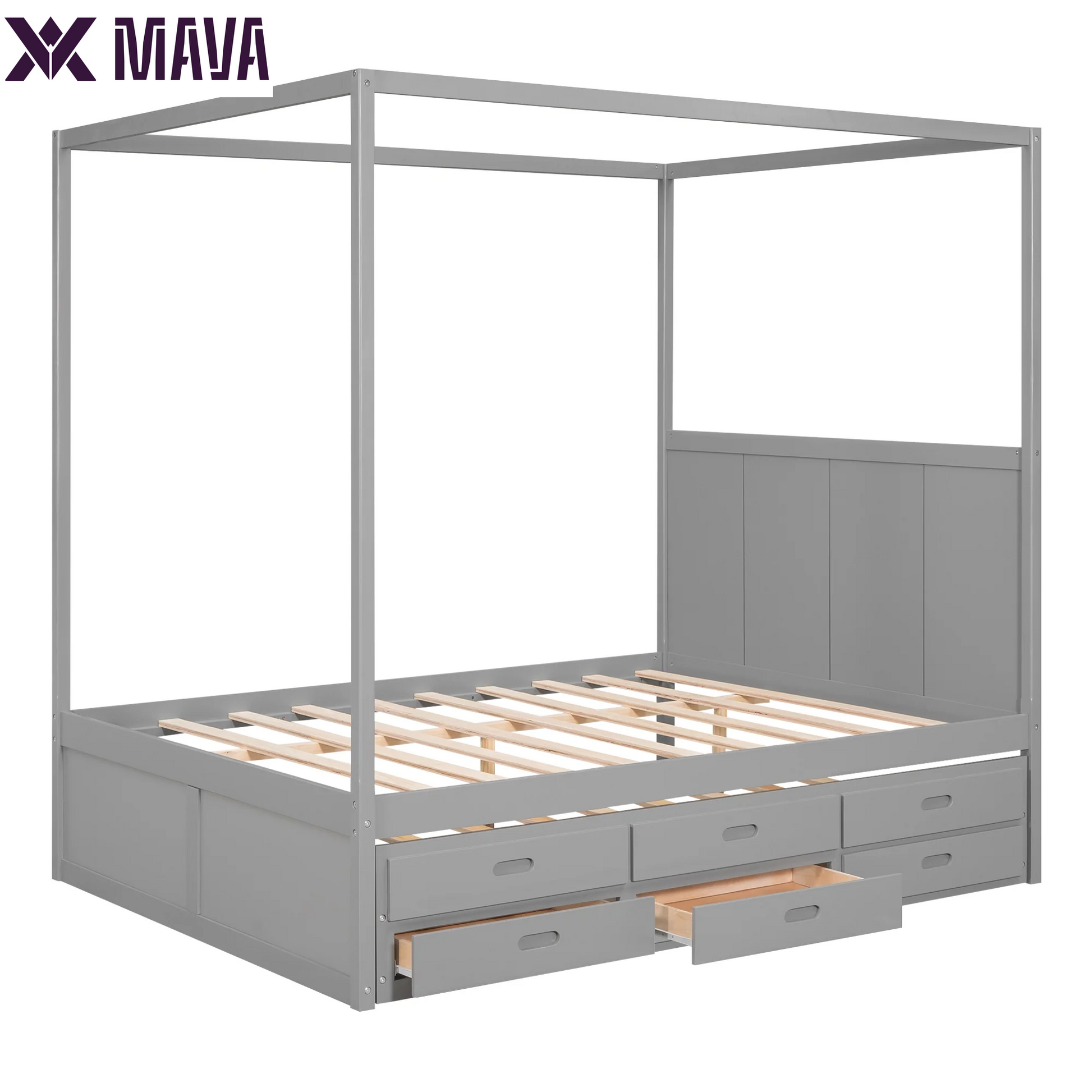 MAVA Queen Size Canopy Platform Bed with Trundle Bed and Drawers, Solid Wood Canopy Bed Frame with 3 Storage Drawers, Gray