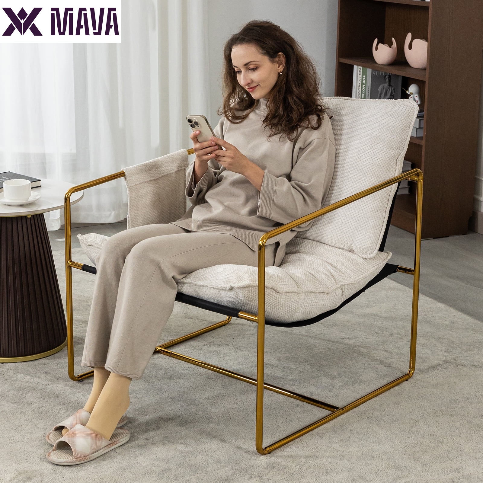 MAVA Accent Chair Set of 2, Modern Sling Chair with Metal Frame, Comfy Chair for Living Room - Beige