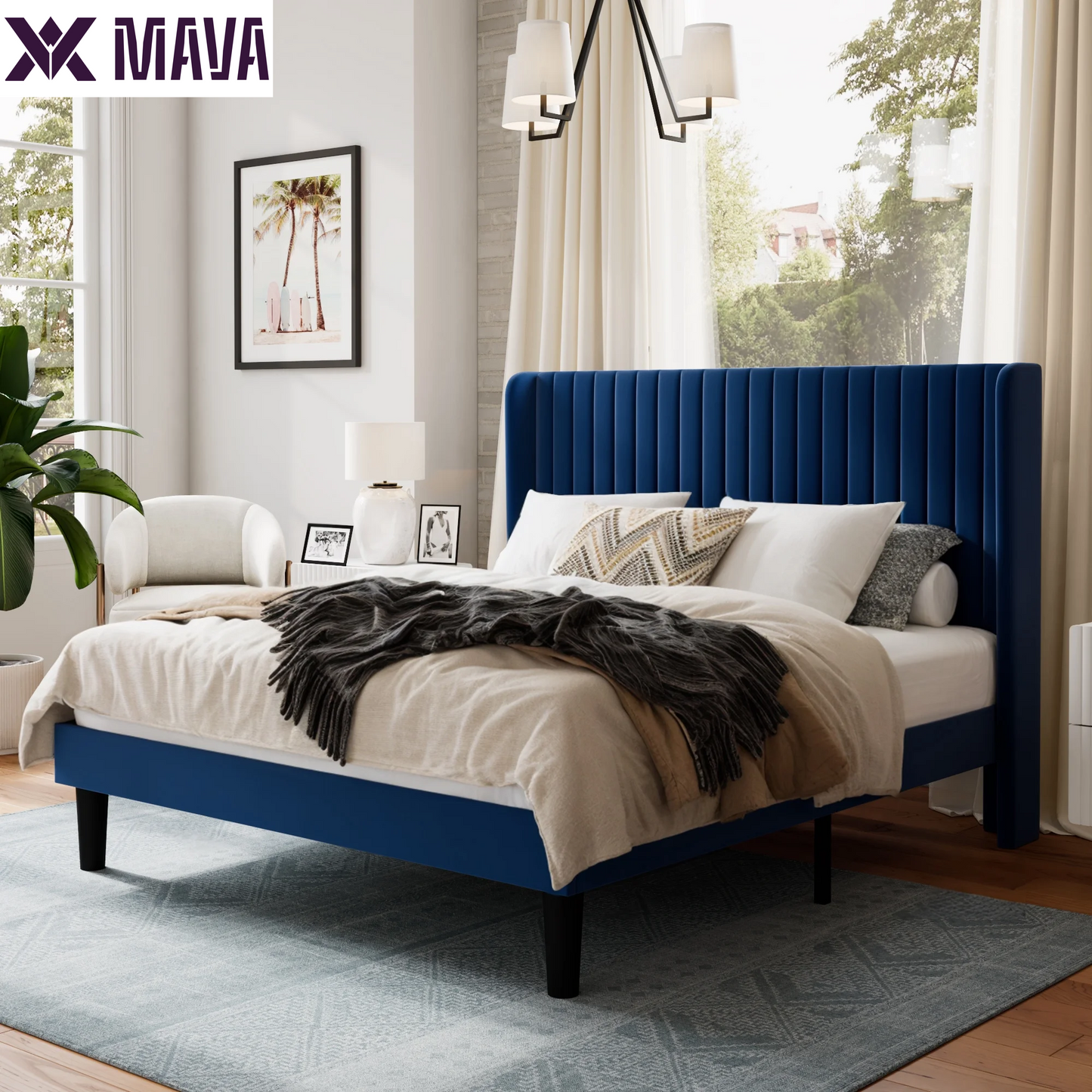 MAVA Queen Size Upholstered Platform Bed Frame with Velvet Channel Wingback Headboard, off White