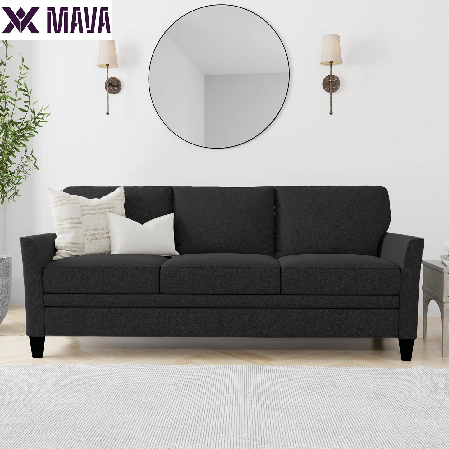 MAVA 3 Seat Classic Modern Sofa, Black