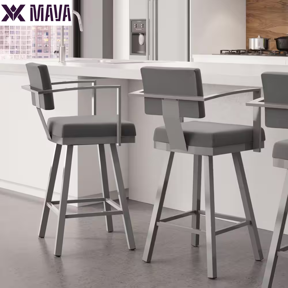 MAVA 26 In. Matt Light Grey Metal Beige Polyurethane Counter Stool