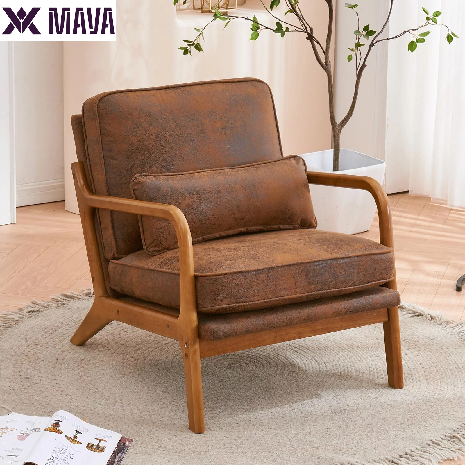 MAVA Modern Arm Chair Linen Fabric Upholstered Comfy Reading Accent Chair with Solid Wood Frame Beige