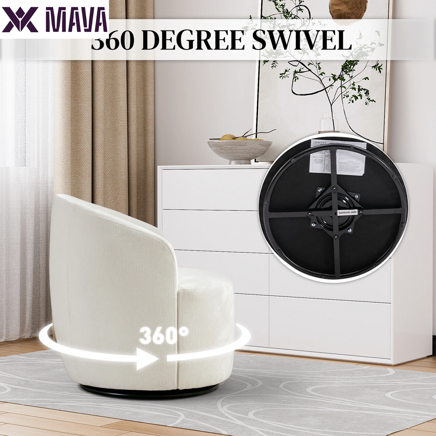 MAVA Swivel Barrel Chair Set of 2, Upholstered Boucle Swivel Accent Chair, Comfy Sherpa Swivel Lounge Chair, Modern 360 Swivel Arm Chair Reading Chair for Living Room Bedroom Club, Ivory Chenille