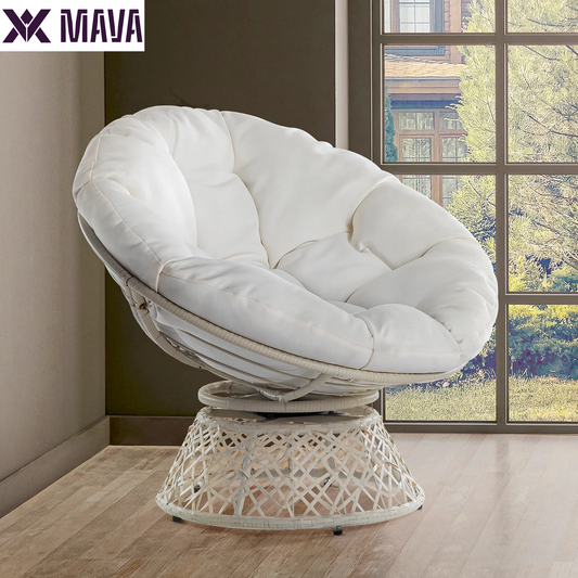 MAVA 360 Swivel Comfy Papasan Chair with Fabric Cushion, Pure Pearl - White Frame