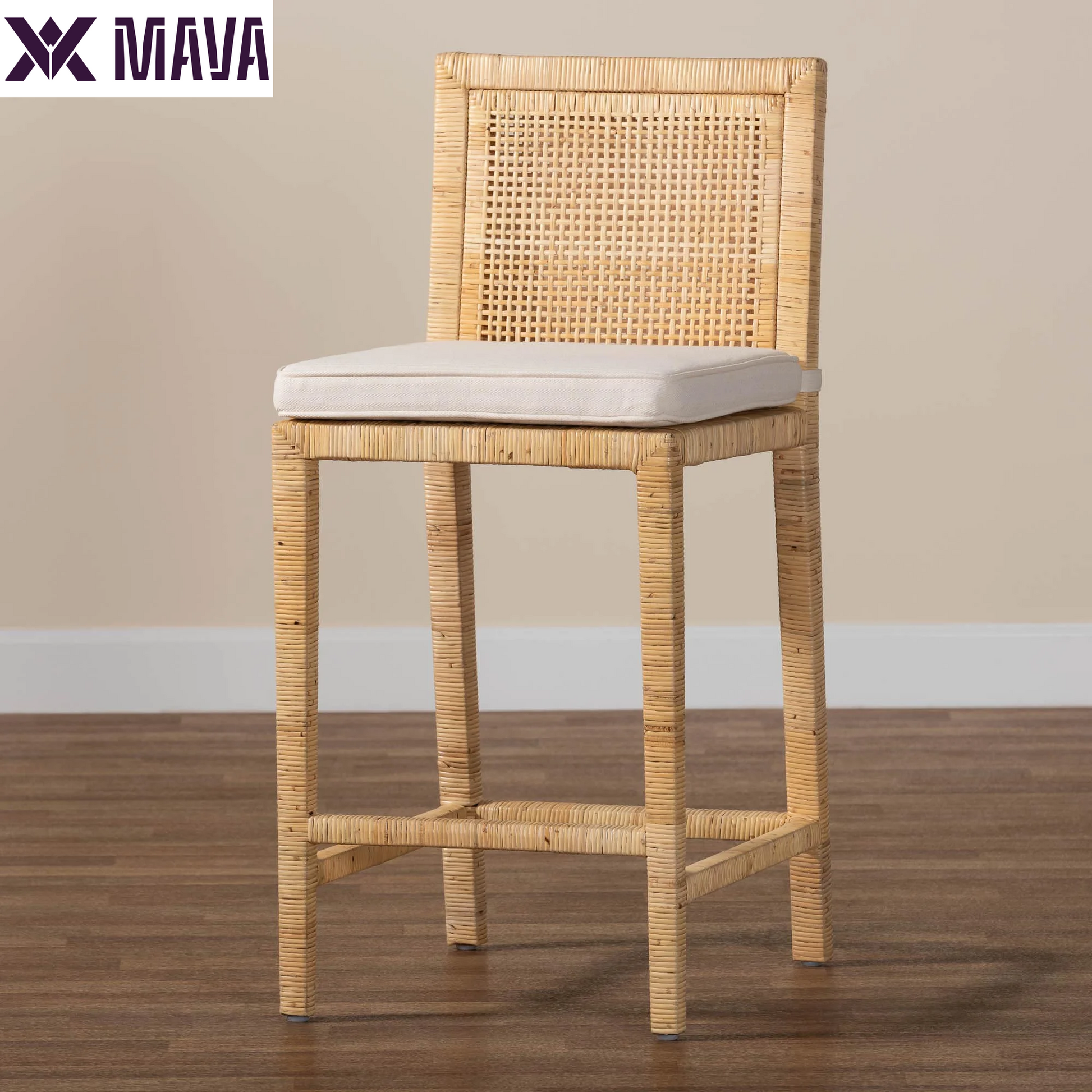 MAVA Sofia Rattan and Mahogany Wood BOHO Counter Stool, Natural