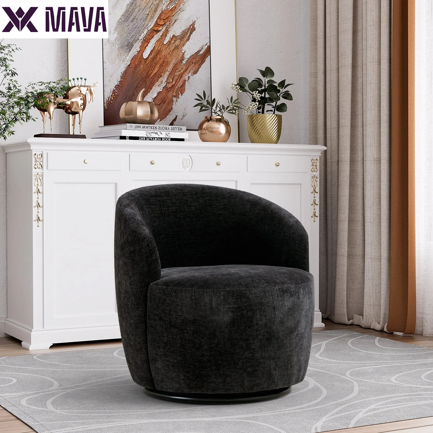 MAVA Swivel Barrel Chair Set of 2, Upholstered Boucle Swivel Accent Chair, Comfy Sherpa Swivel Lounge Chair, Modern 360 Swivel Arm Chair Reading Chair for Living Room Bedroom Club, Ivory Chenille