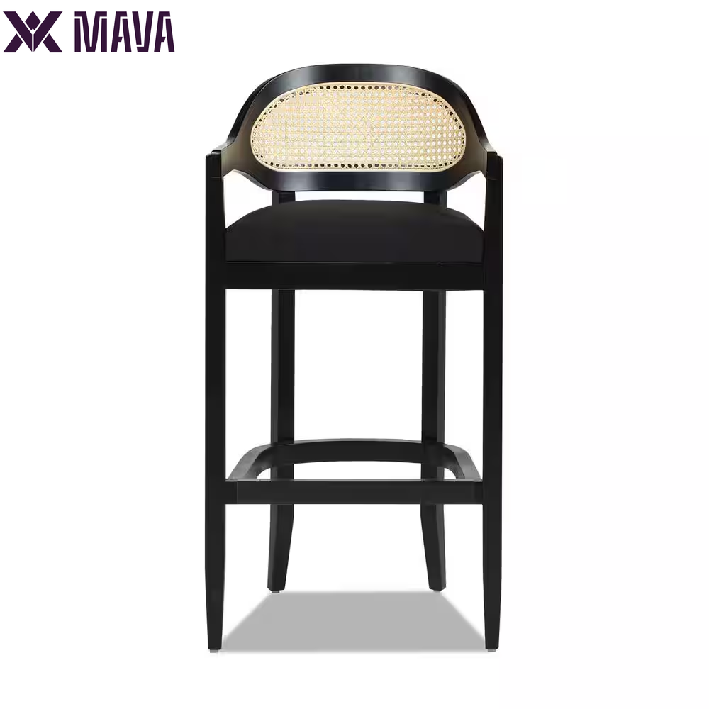 MAVA Americana 26 In. Mid-Century Modern Ivory White Cane Rattan Back Wood Frame Kitchen Counter Height Bar Stool