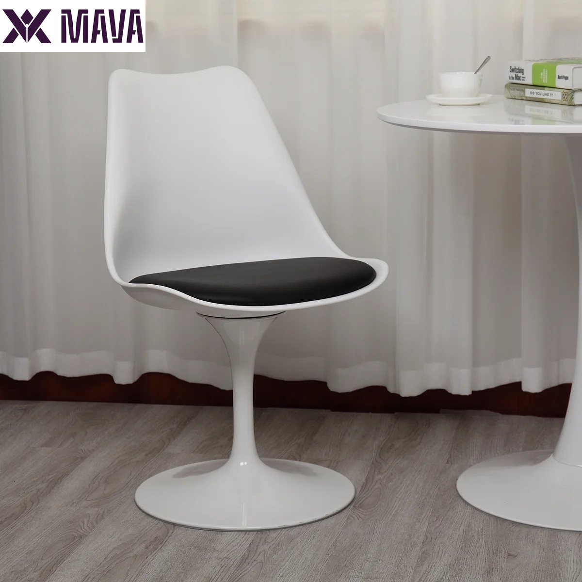 MAVA Swivel Tulip Side Chair for Kitchen and Dining Room Bar with Cushioned Seat and Curved Backrest, White and Black