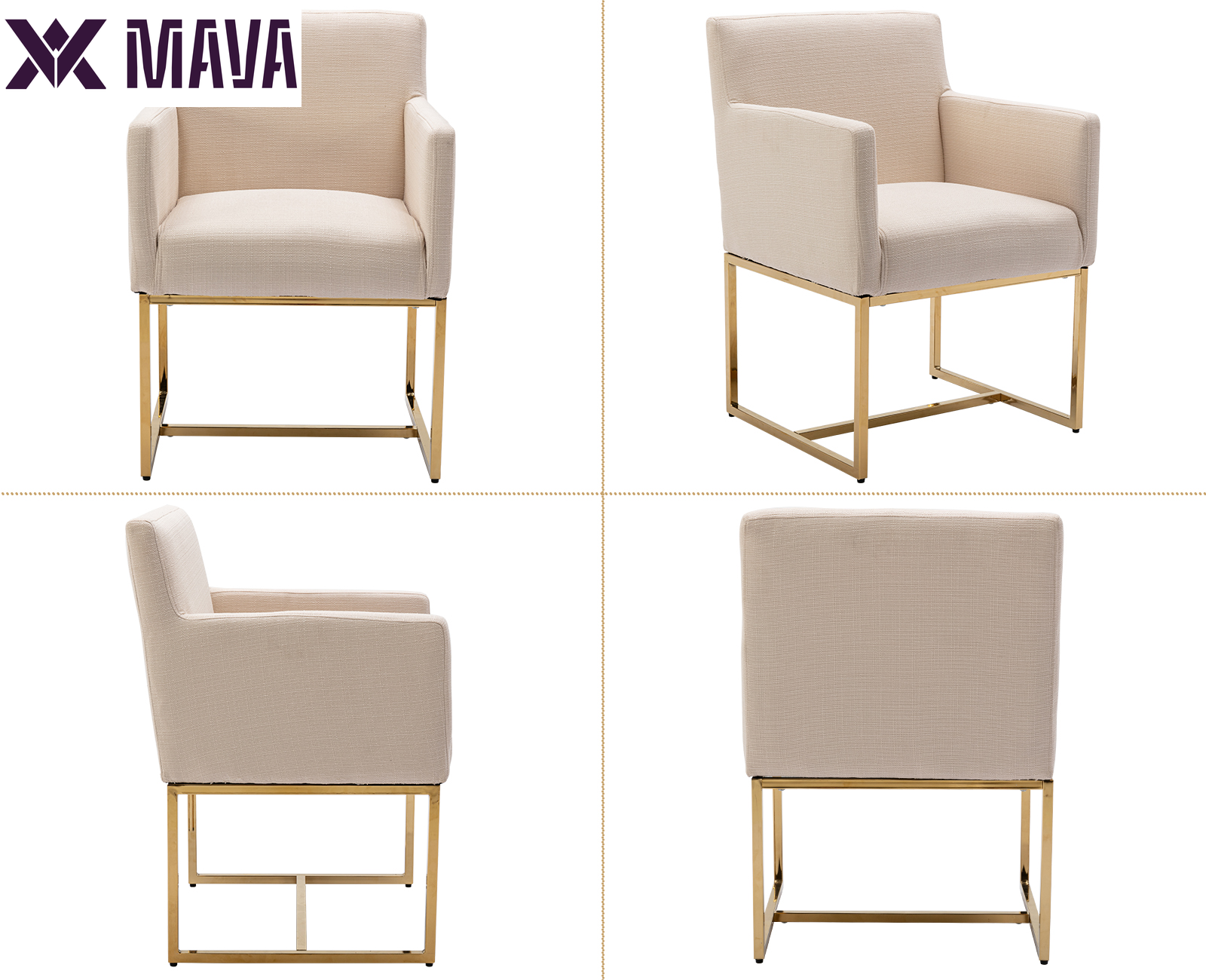 MAVA Modern Linen Upholstered Dining Chairs Set of 2, Kitchen Chairs with Arm and Gold Finish Metal Frame, Accent Armchair with Back for Living Room Dining Room Bedroom Reception Room, Cream