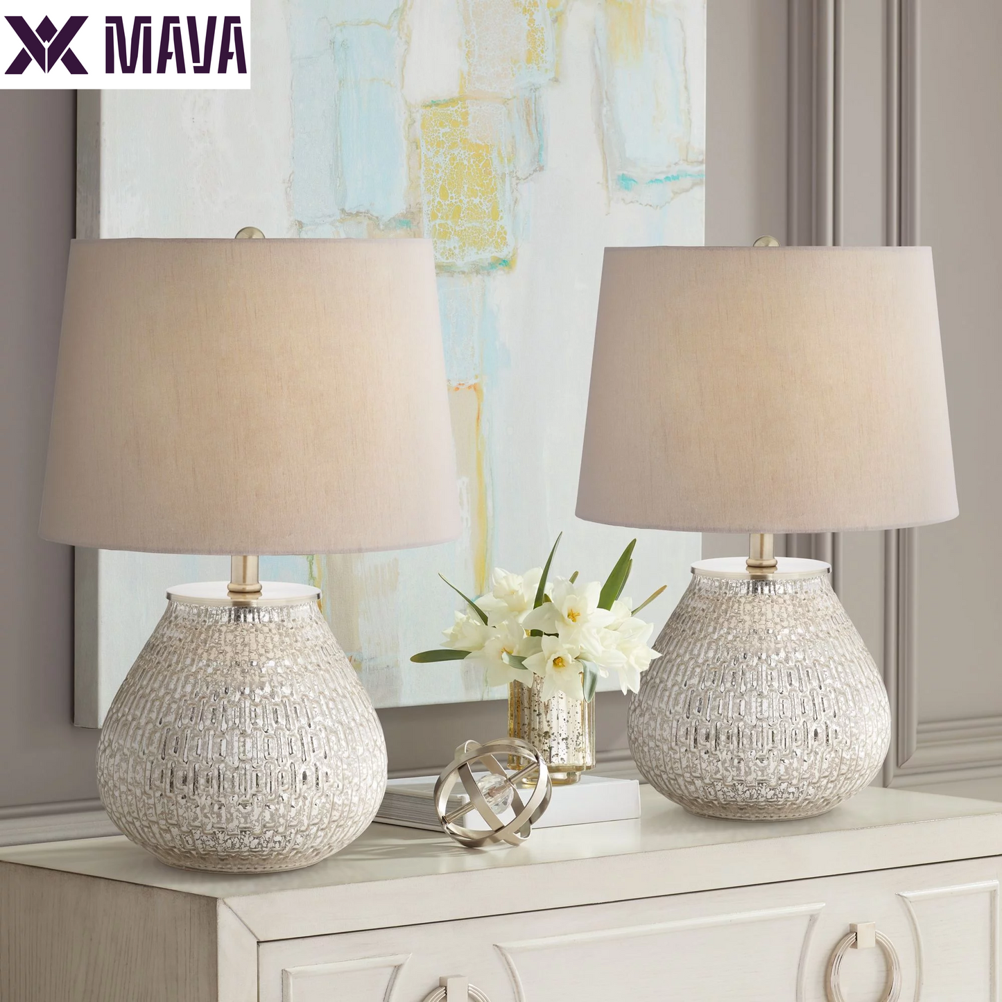 MAVA Accent Table Lamps 19 1/2" High Set of 2 Mercury Glass Teardrop Gray Drum Shade for Bedroom Bedside