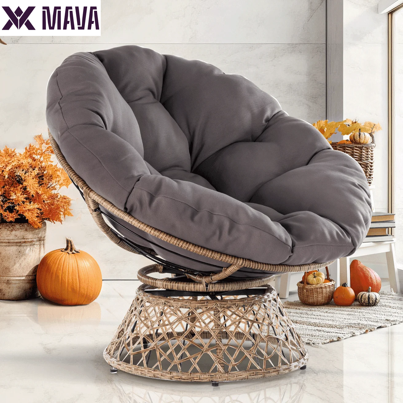 MAVA 360 Swivel Comfy Papasan Chair with Fabric Cushion, Pure Pearl - White Frame