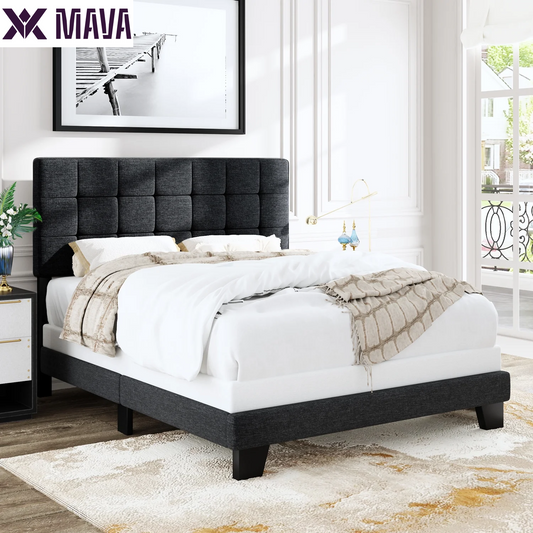 MAVA Queen Size Panel Platform Bed Frame with Adjustable High Upholstered Headboard, Grey