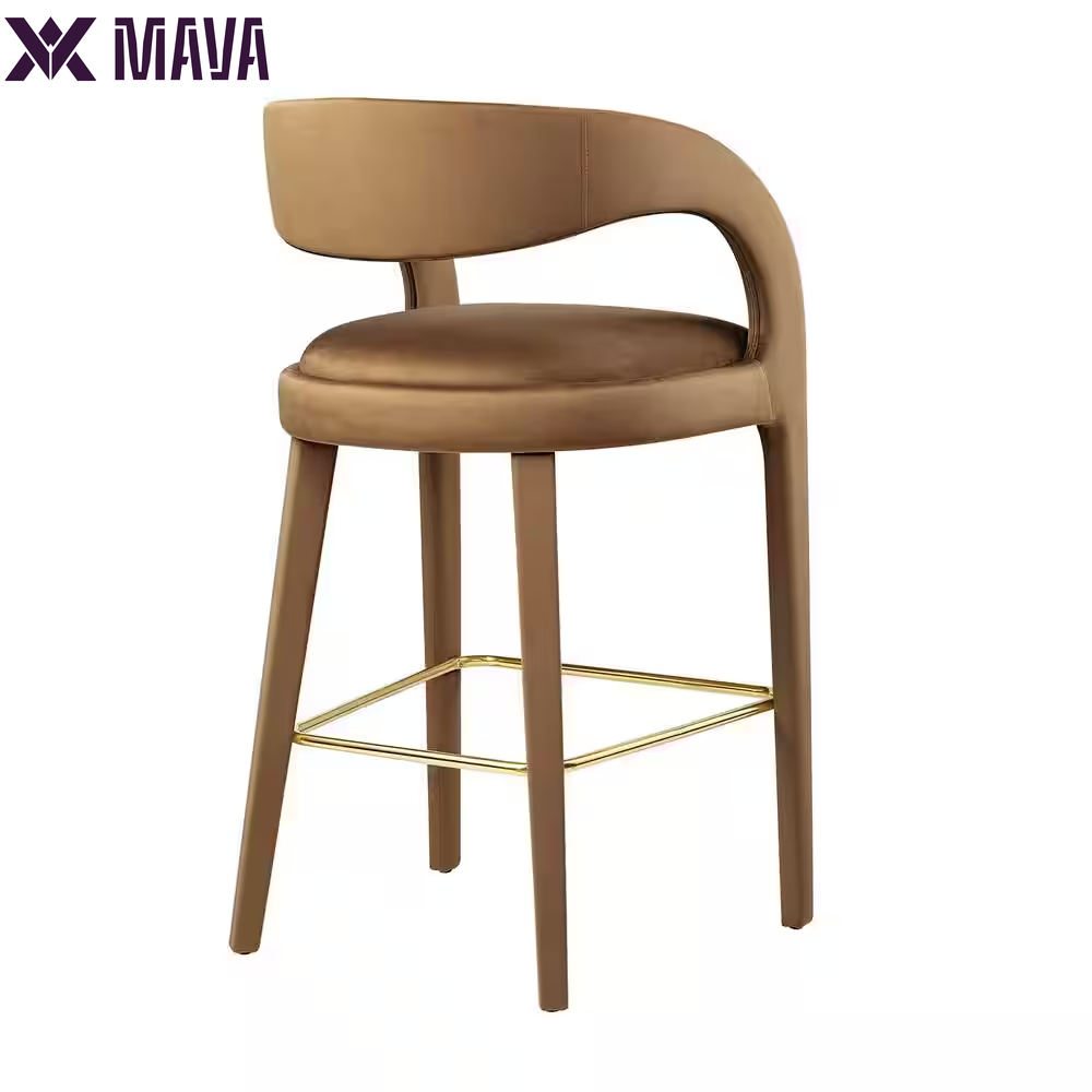 MAVA 30 In. in Brown Gold Rubber Wood Performance Velvet Bar Stool Set of 2